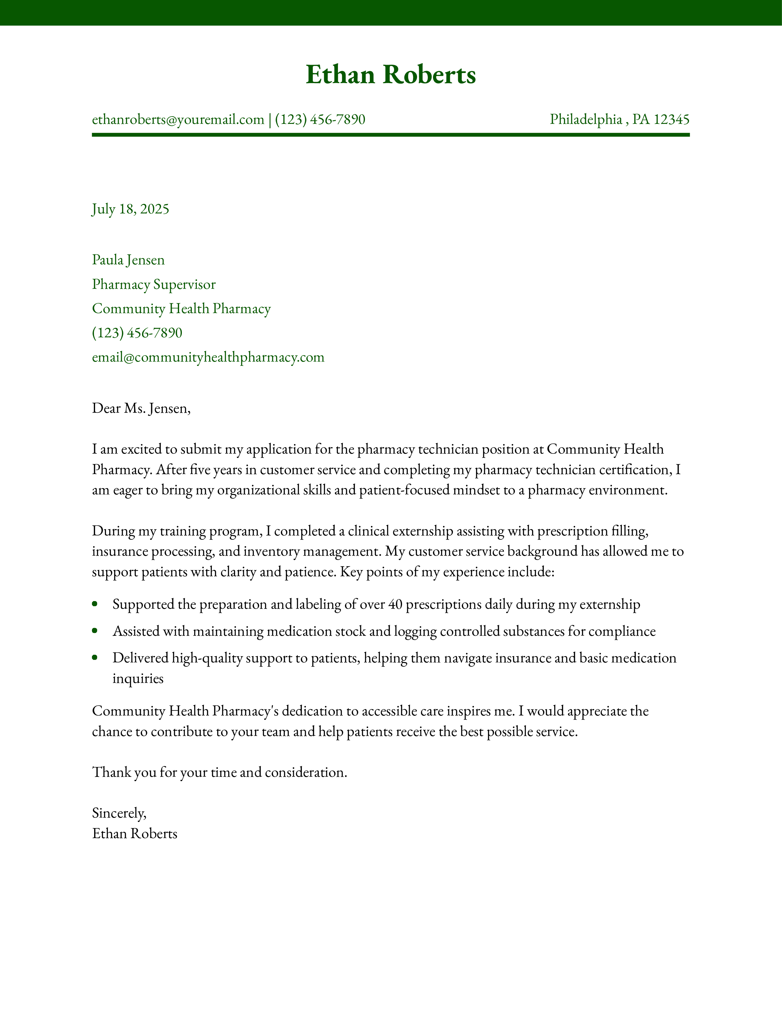 Pharmacy Technician Transitioning from Customer Service Cover Letter