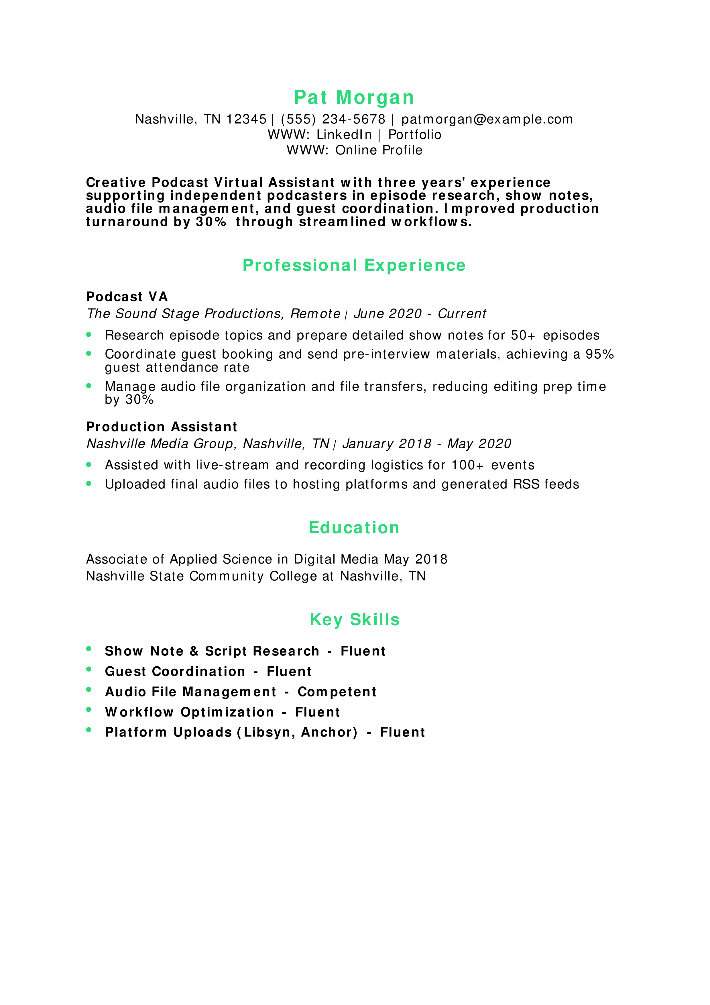Podcast Virtual Assistant Resume