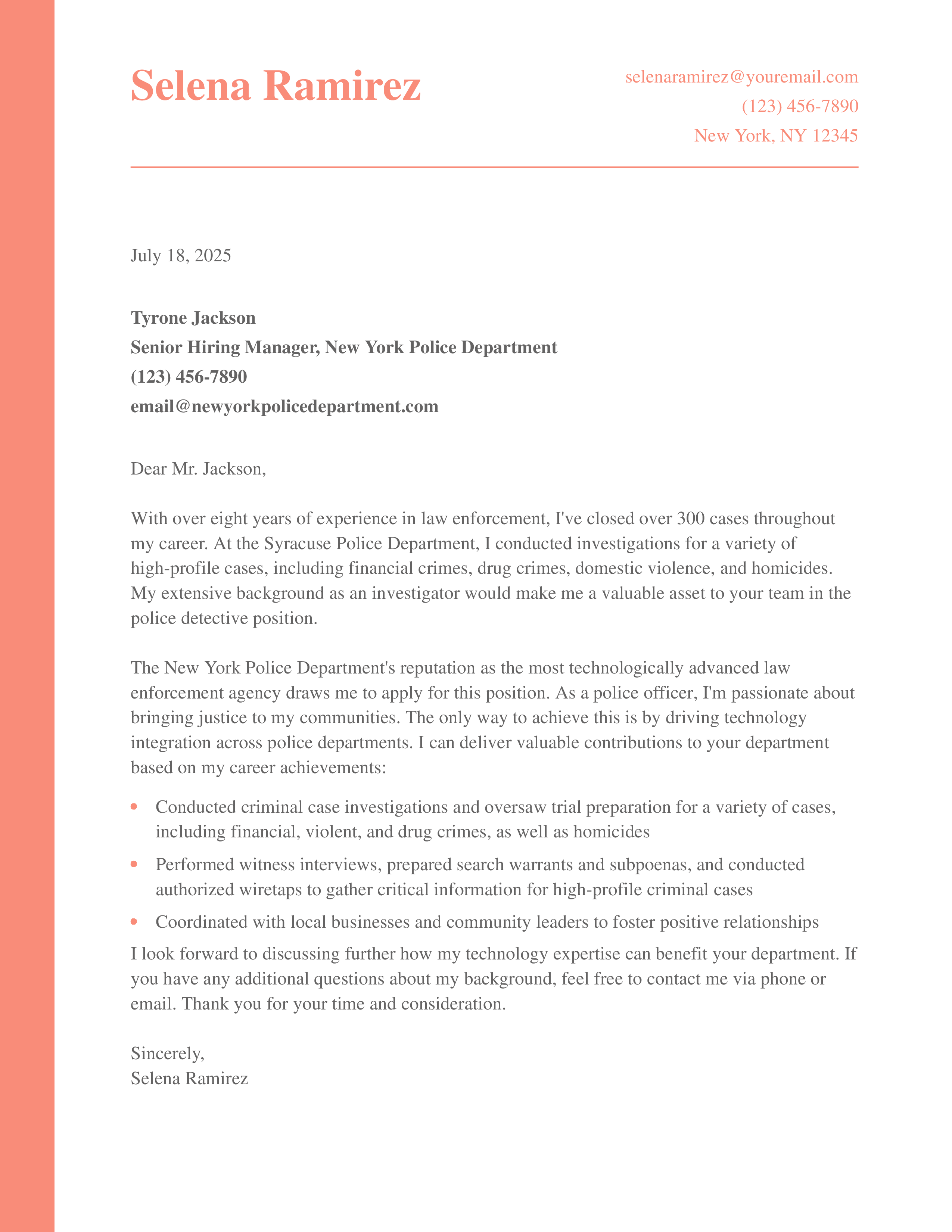 Police Investigator Cover Letter