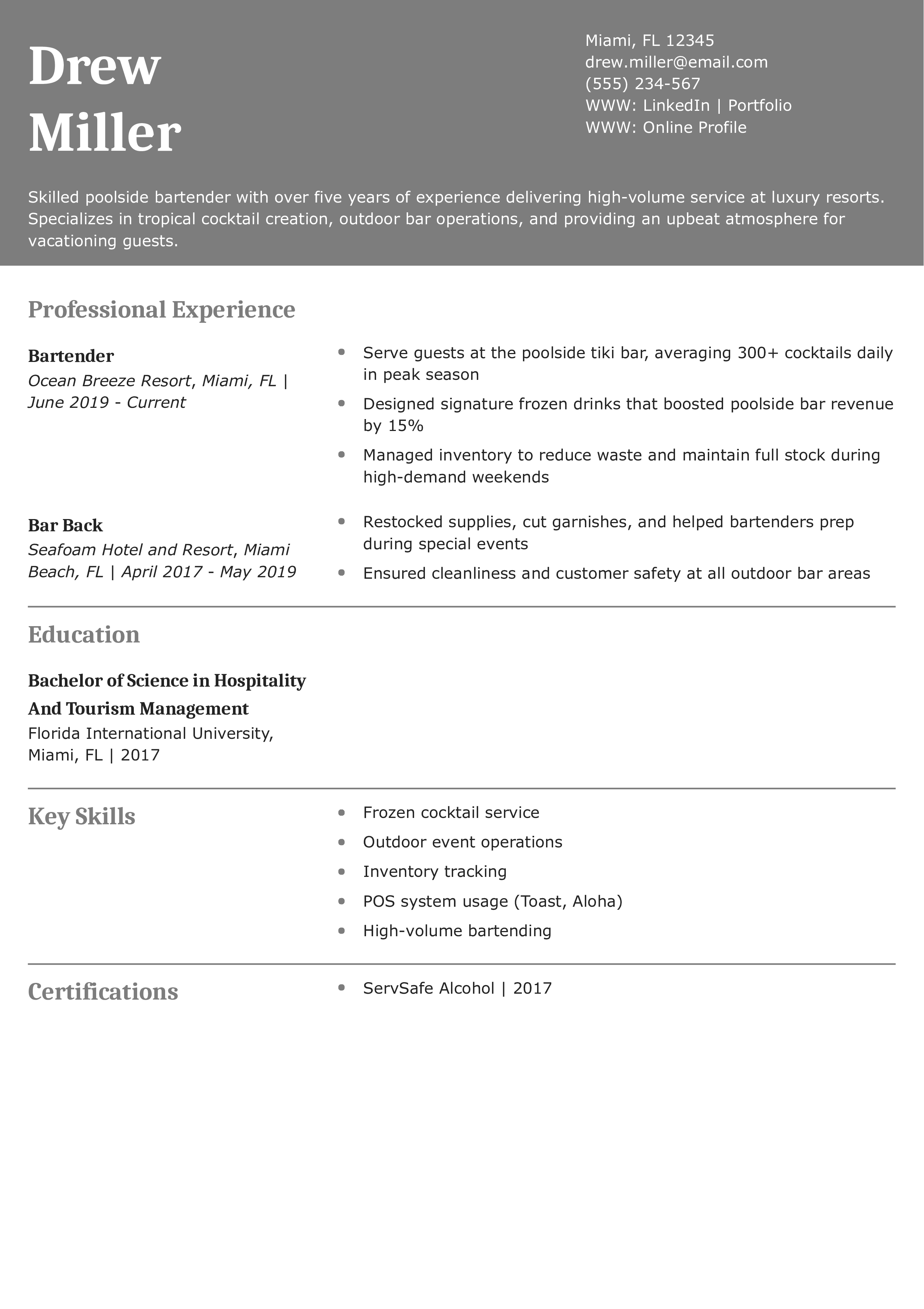 Poolside Bartender Resume