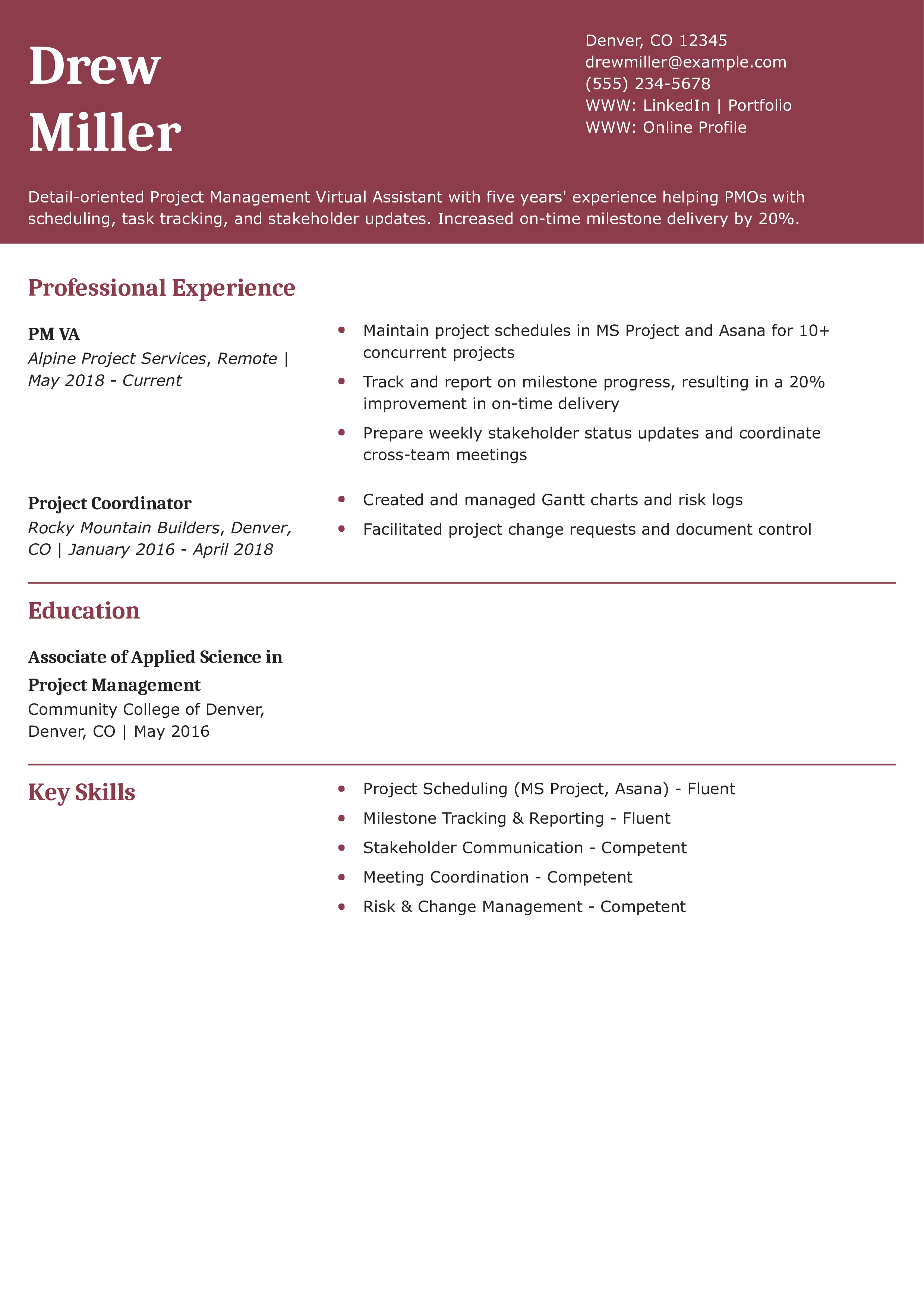 Project Management Virtual Assistant Resume