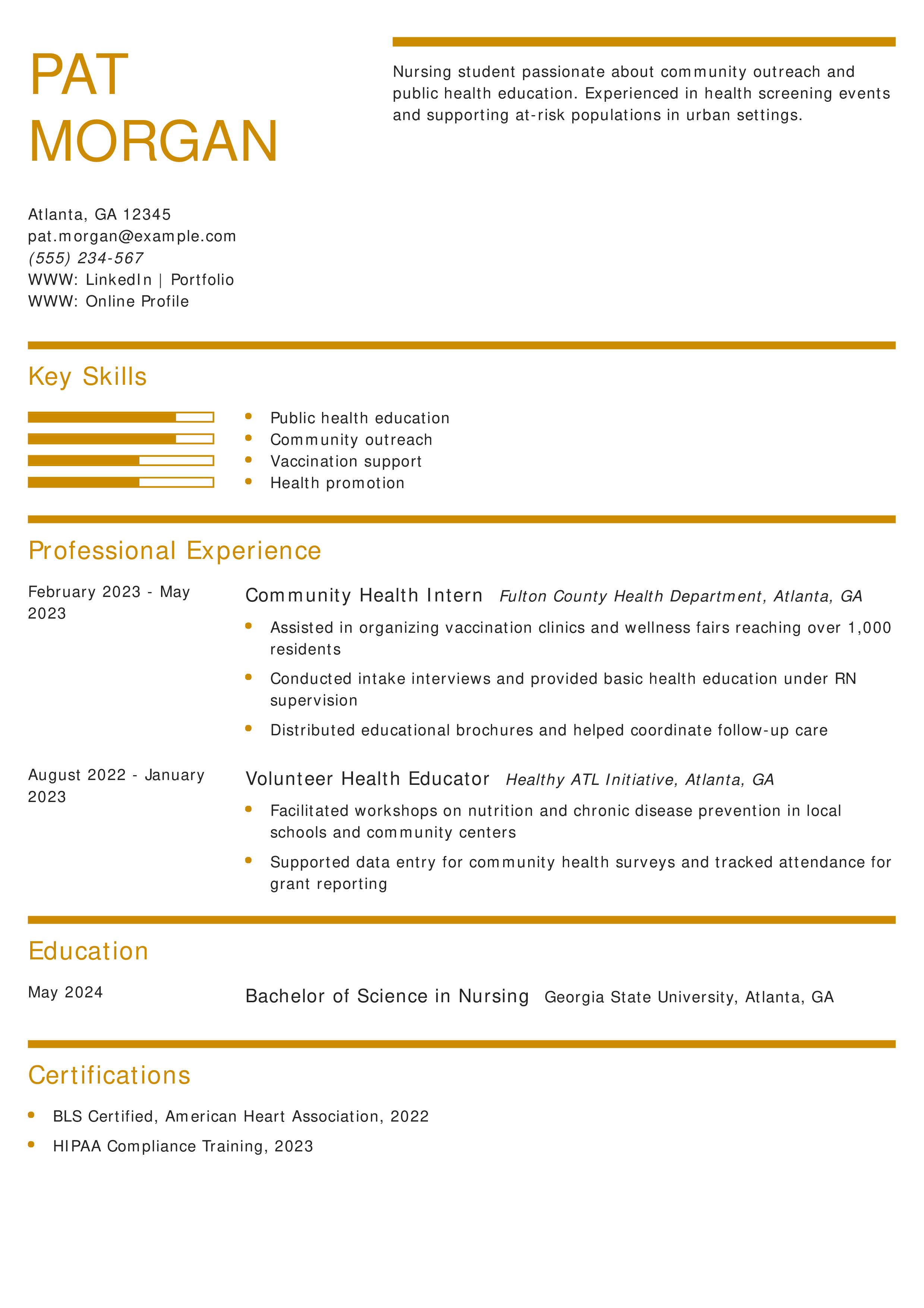 Public Health Nursing Student Resume