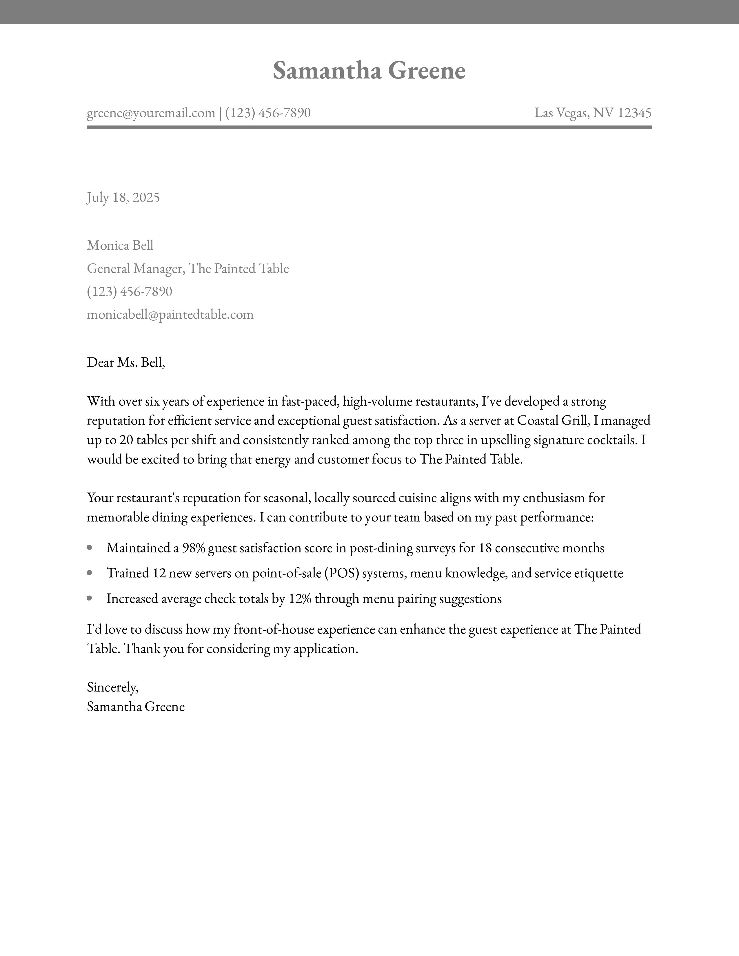Restaurant Server Cover Letter