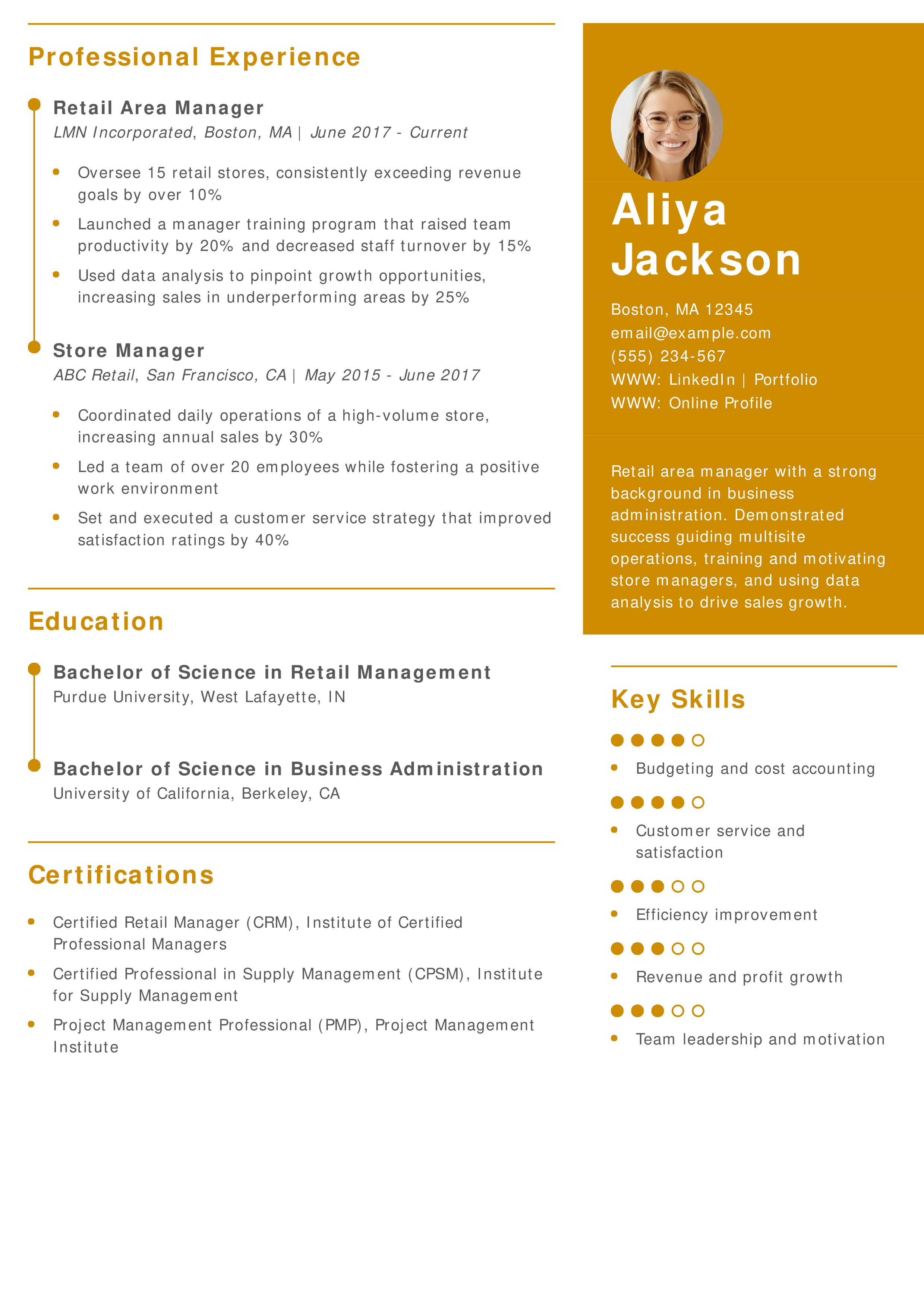 Retail Area Manager Resume
