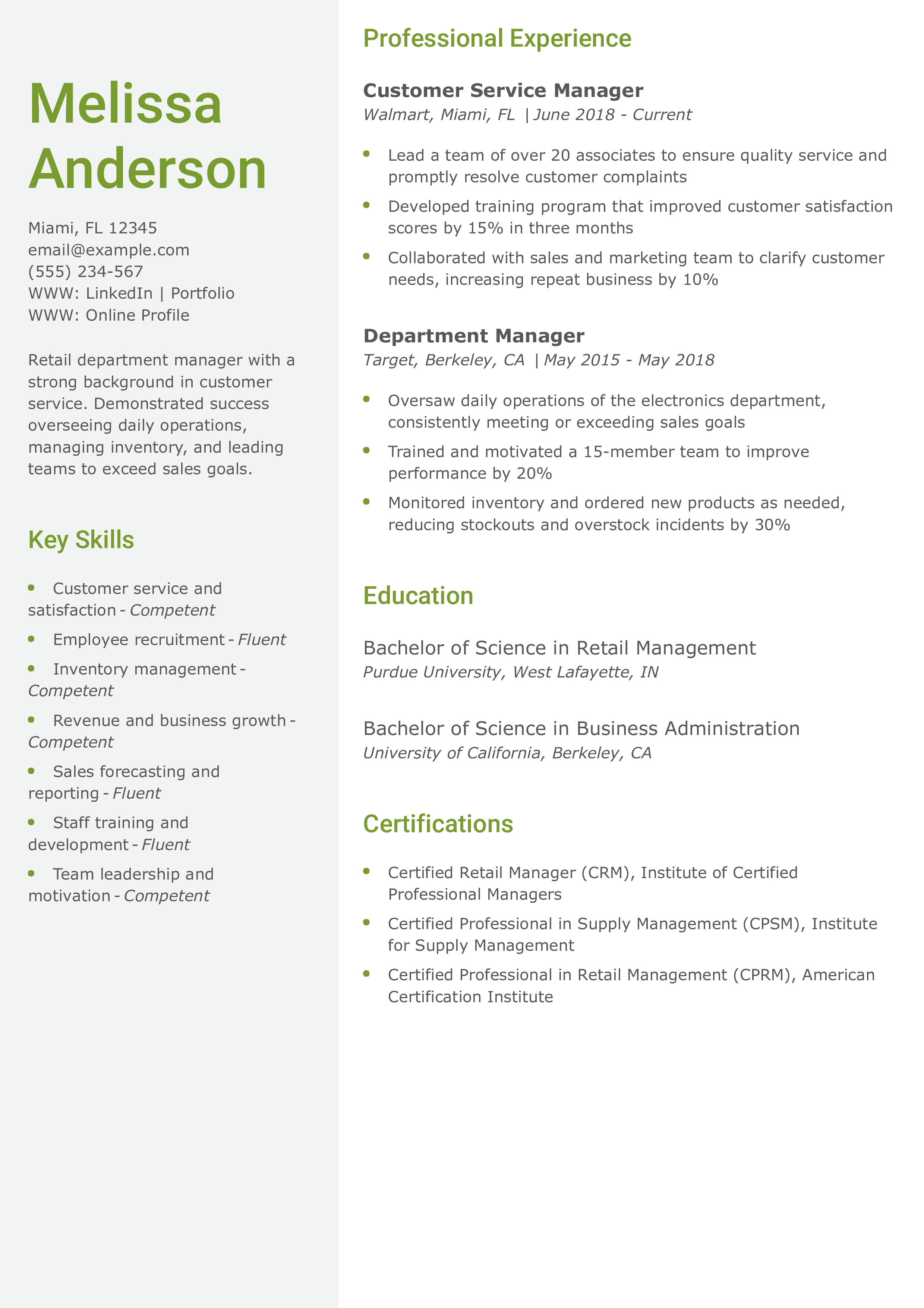Retail Department Manager Resume
