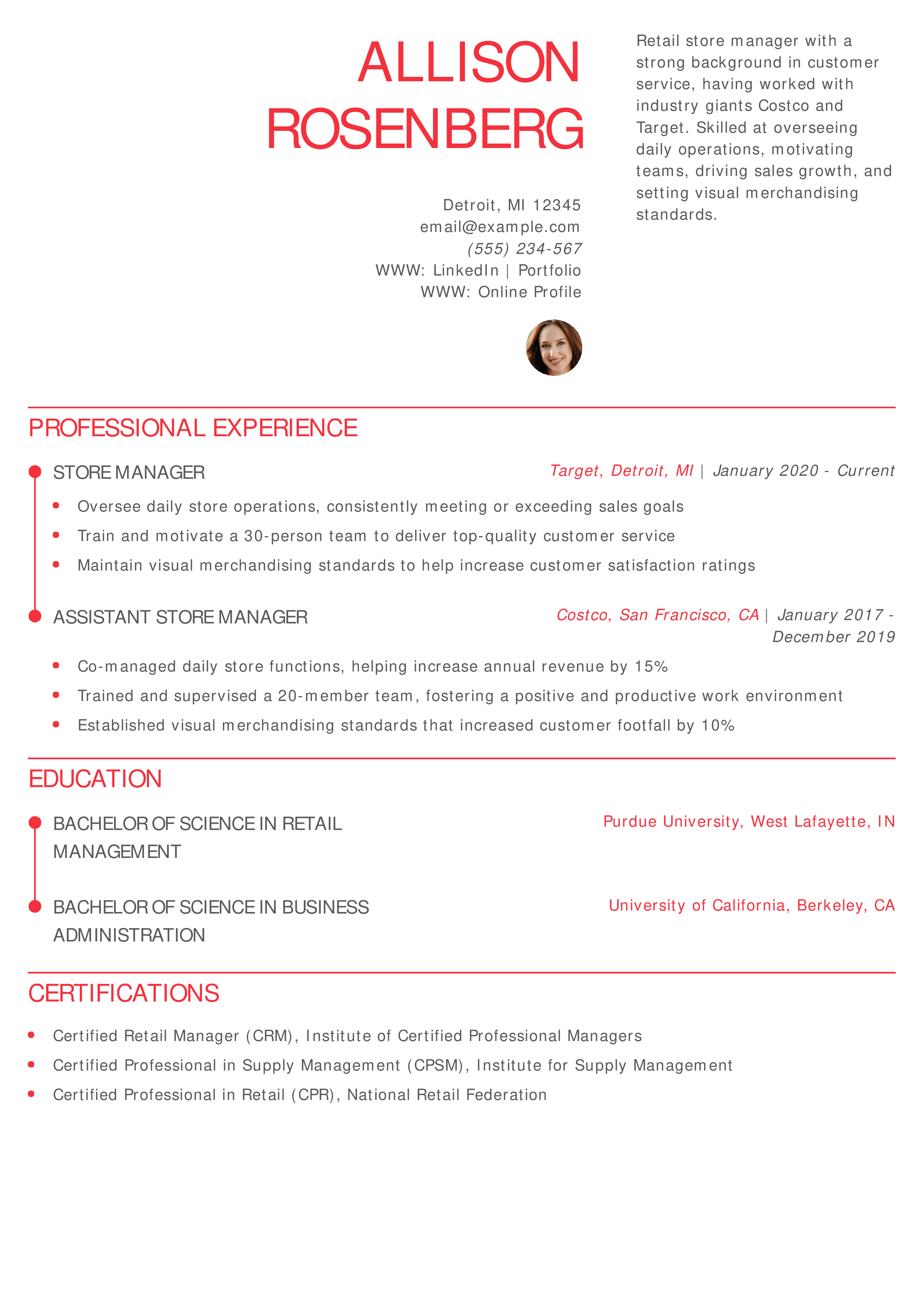 Retail Store Manager Resume