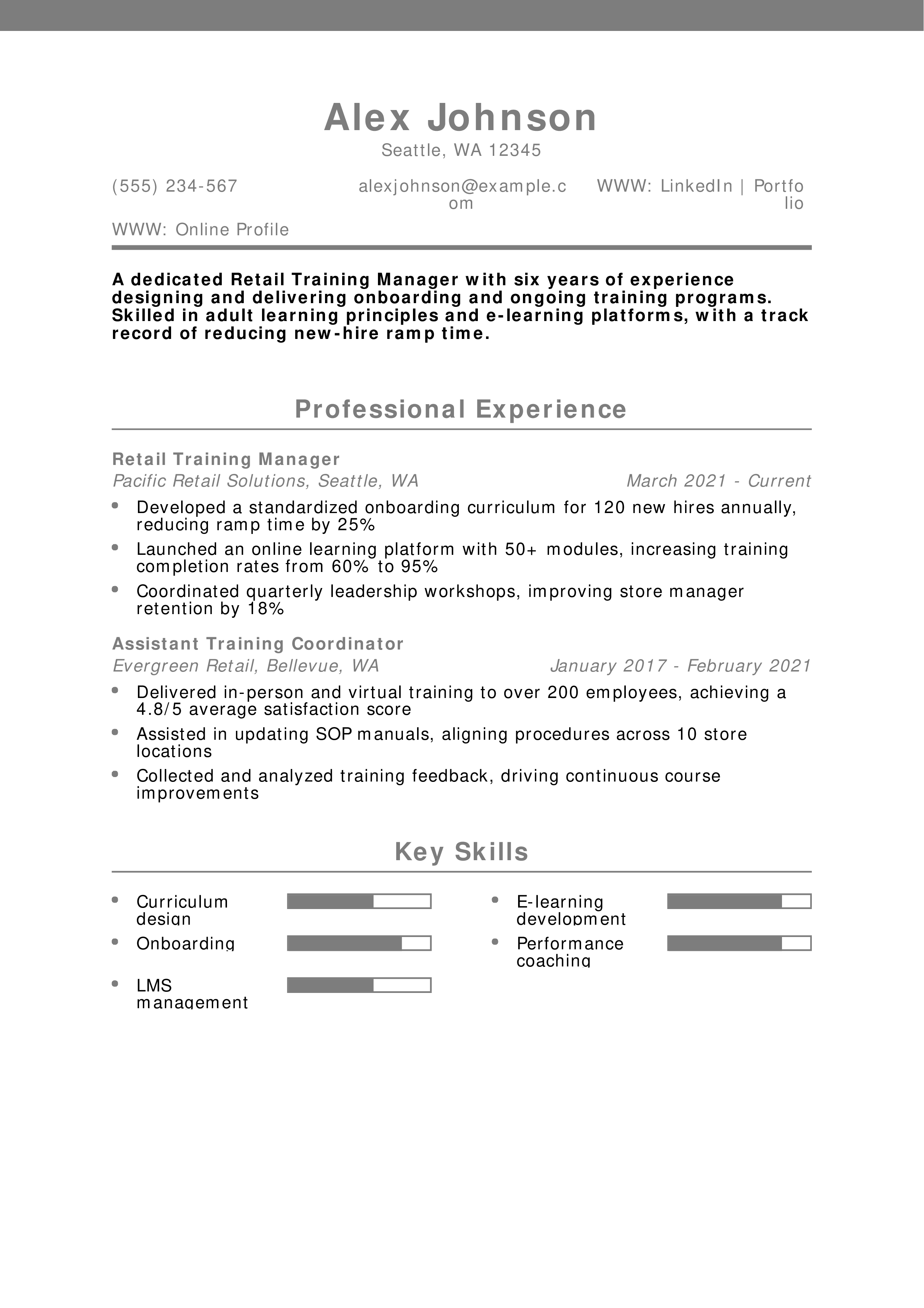 Retail Training Manager Resume