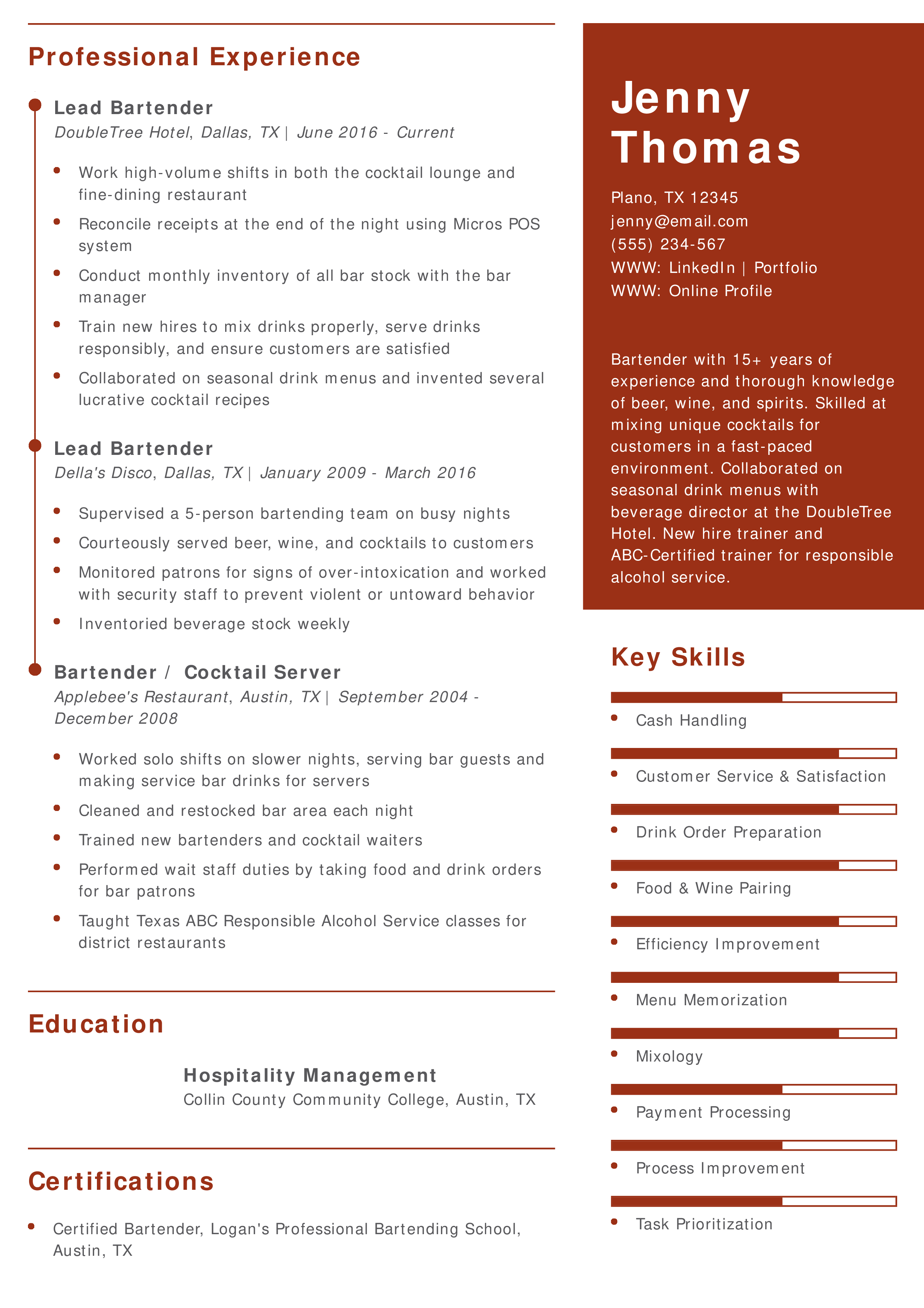 Senior-Level Bartender Resume