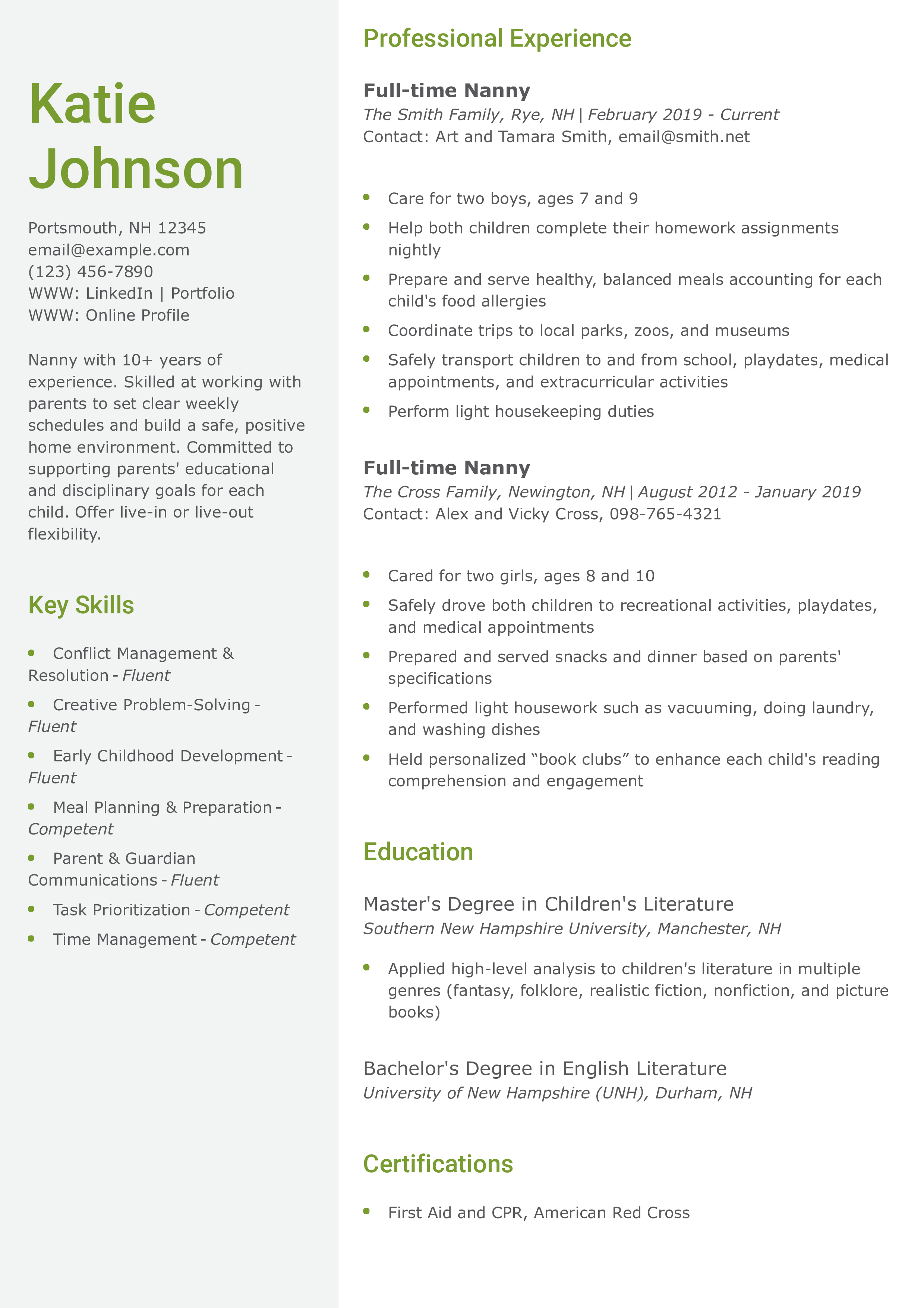 Senior-Level Nanny Resume