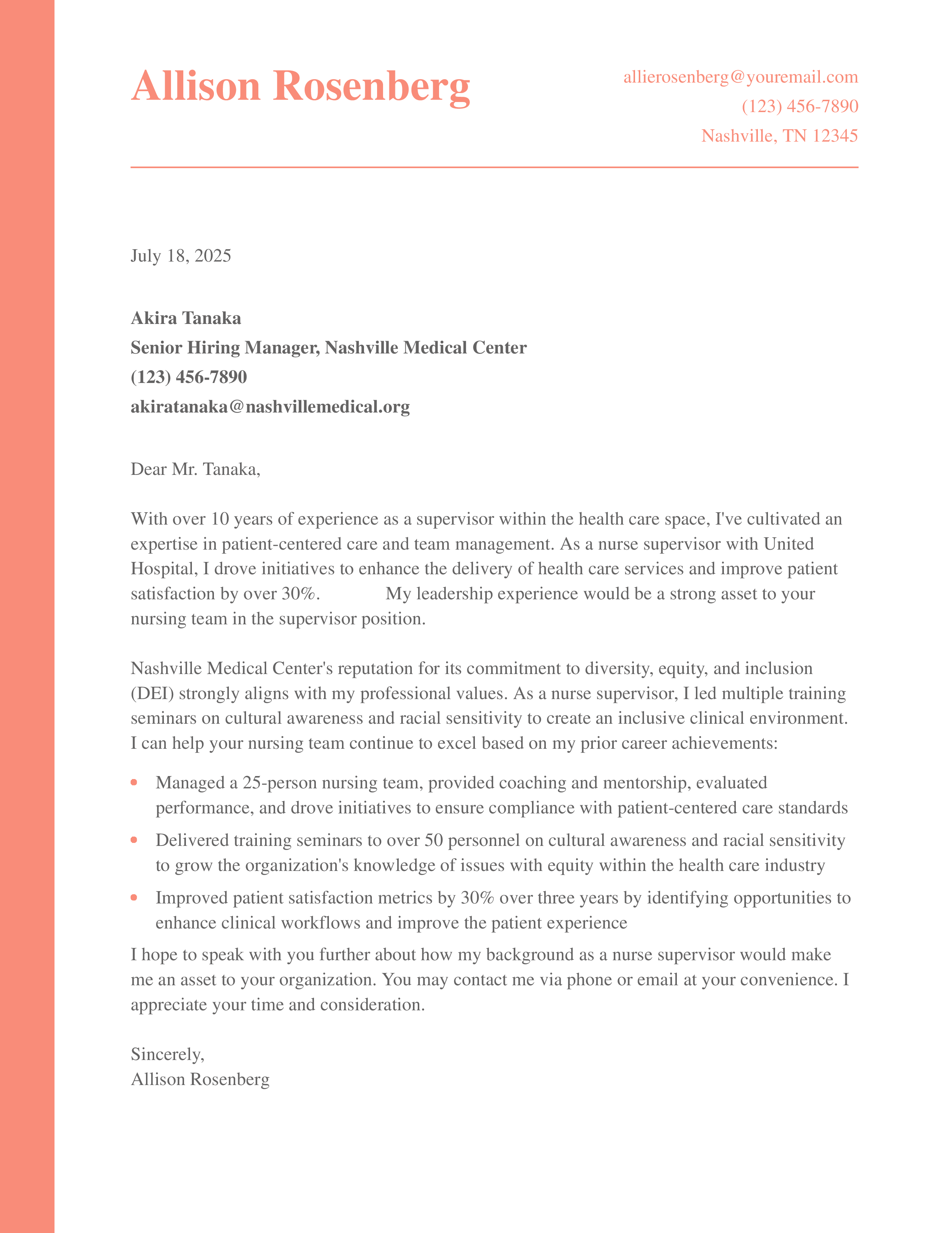 Nurse Supervisor Cover Letter