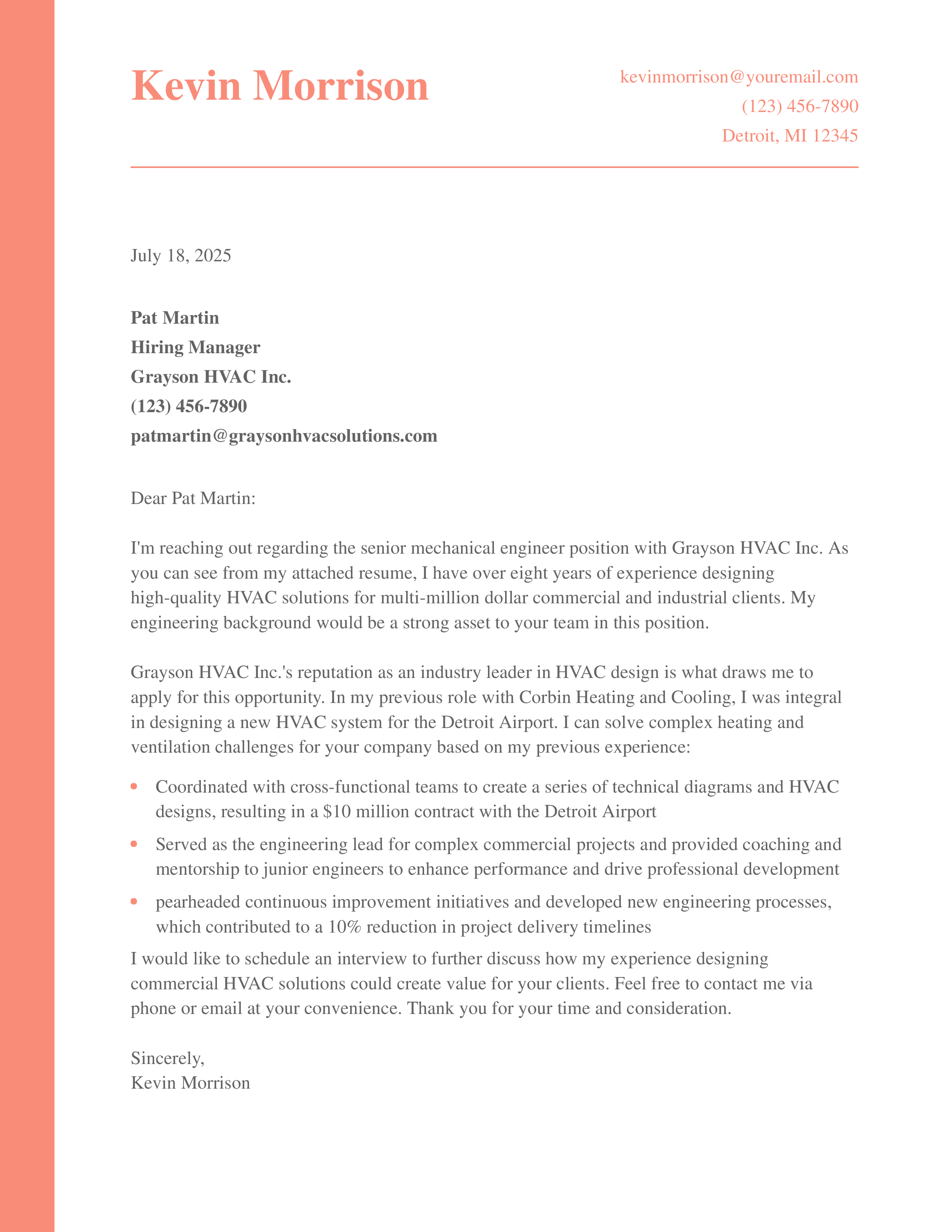 Senior Mechanical Engineer Cover Letter