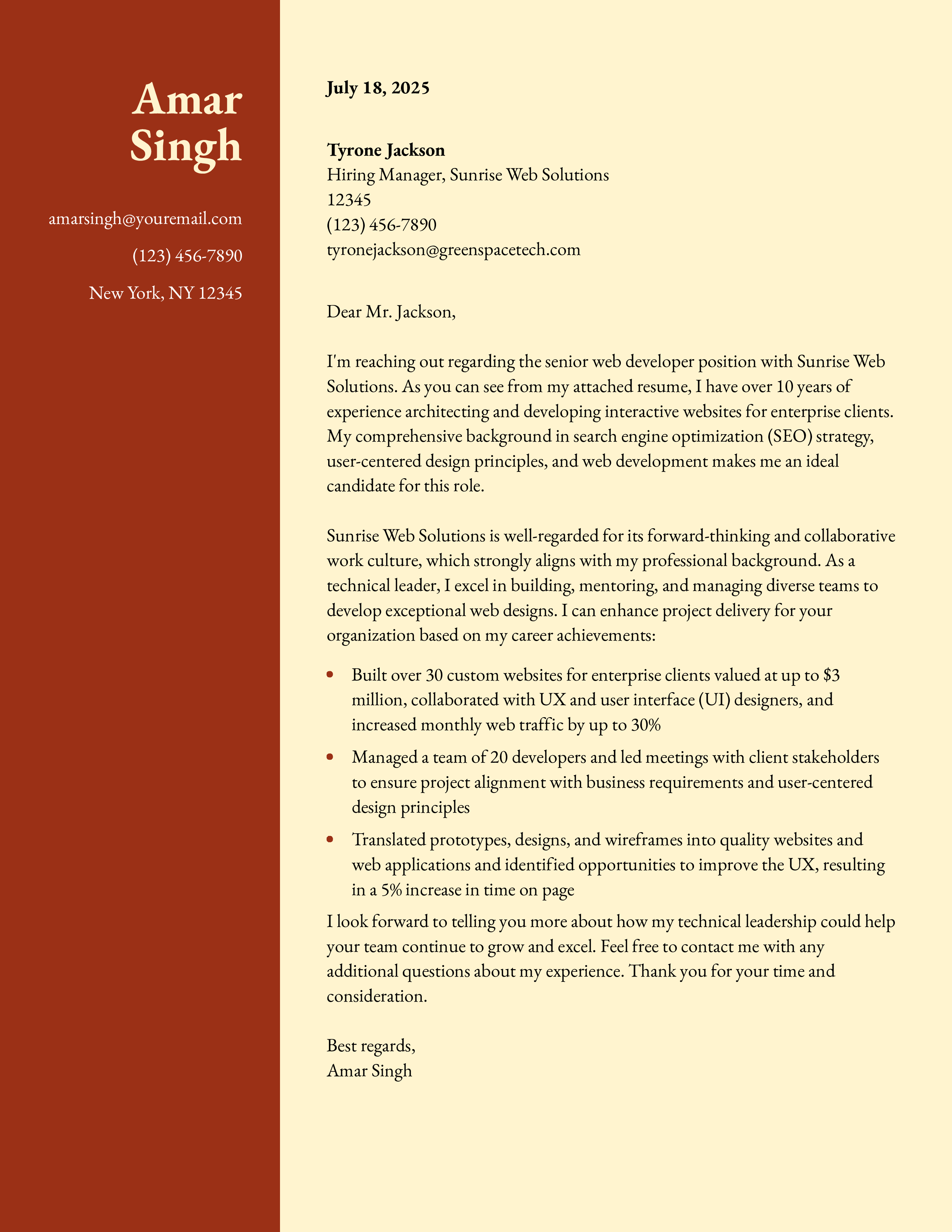 Senior Web Developer Cover Letter