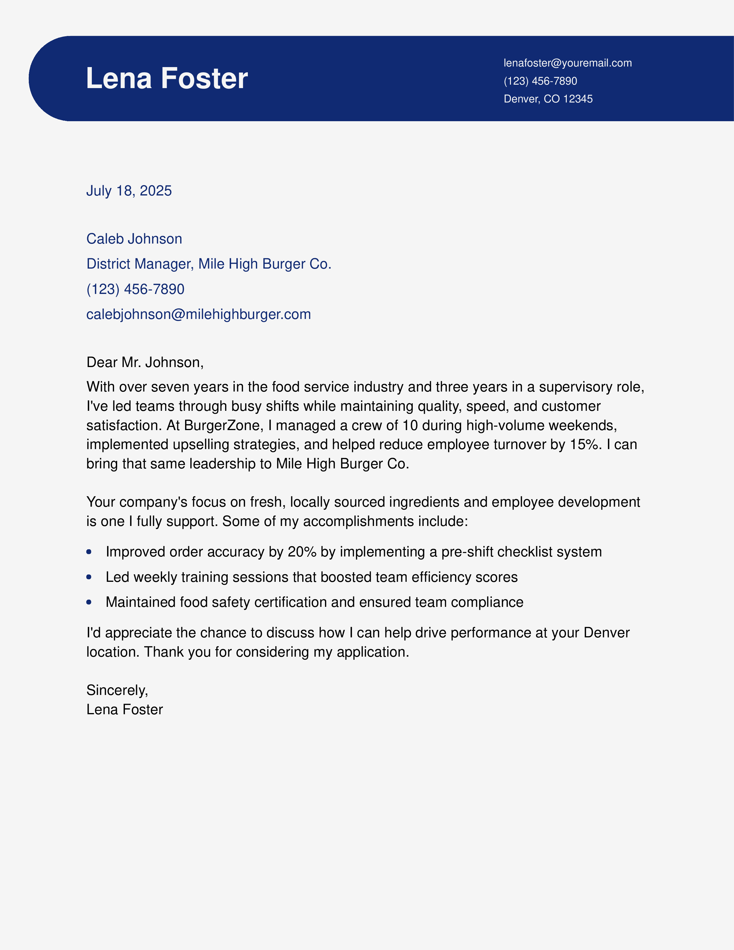 Shift Supervisor Cover Letter