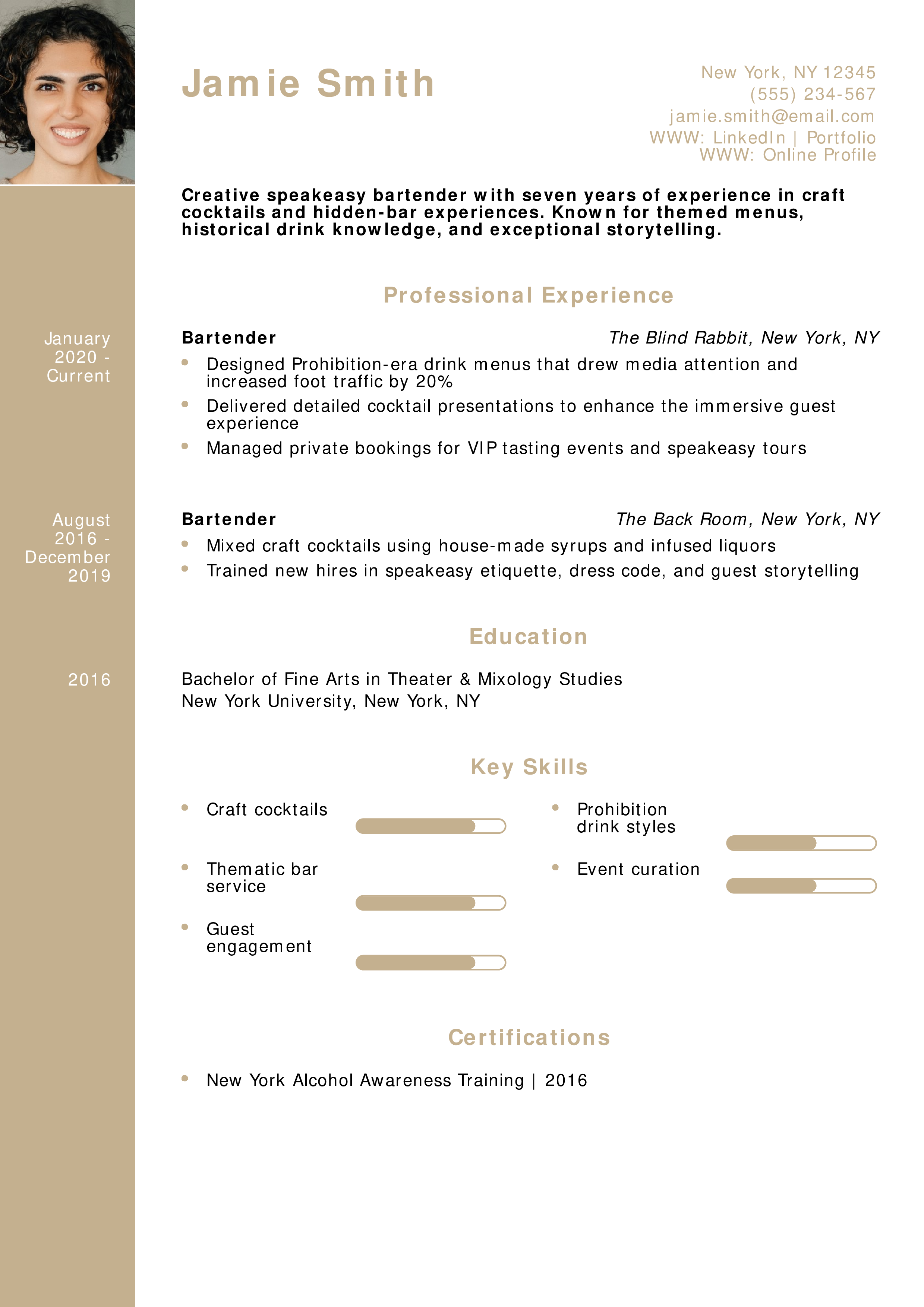 Speakeasy Bartender Resume
