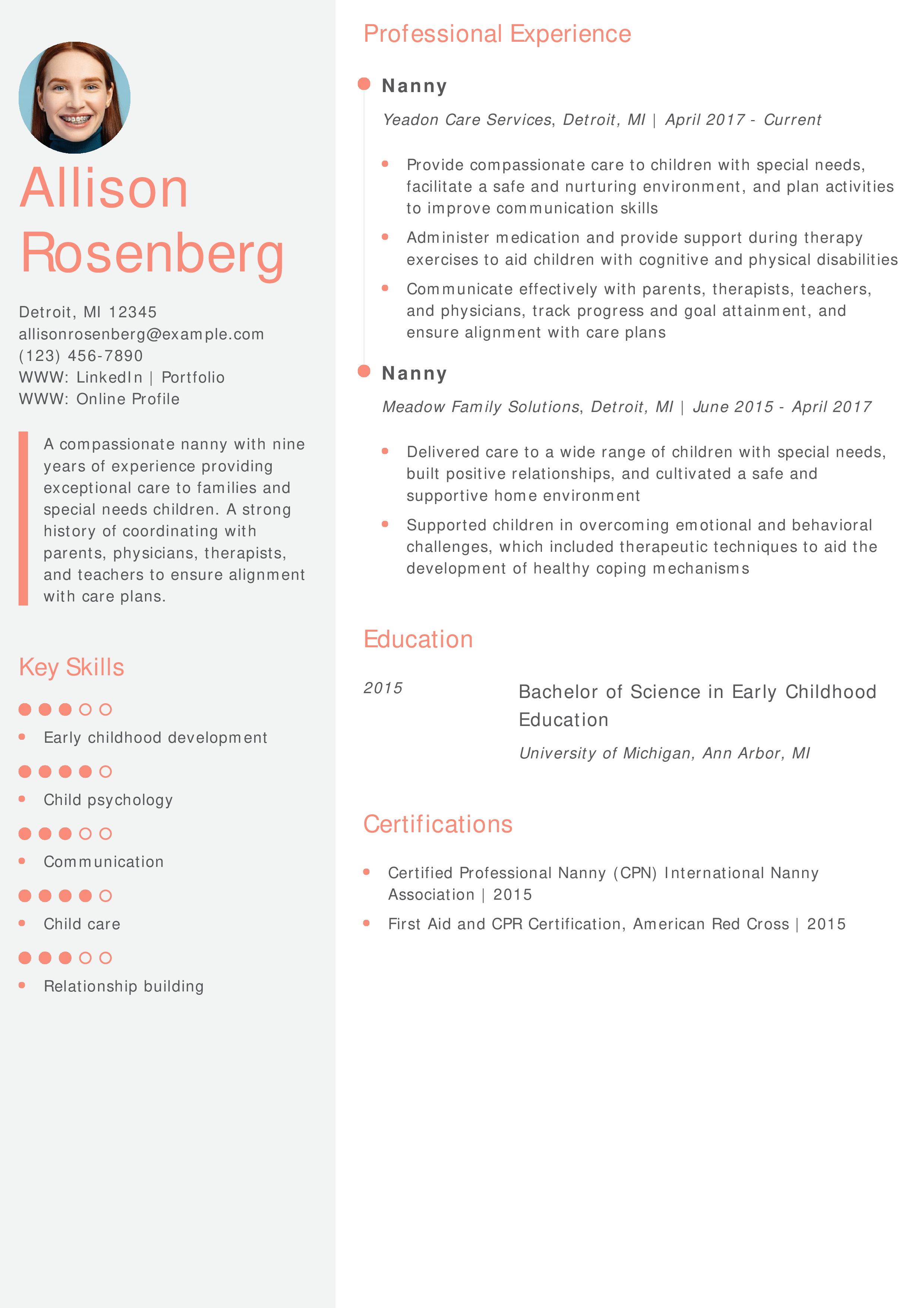 Special Needs Nanny Resume