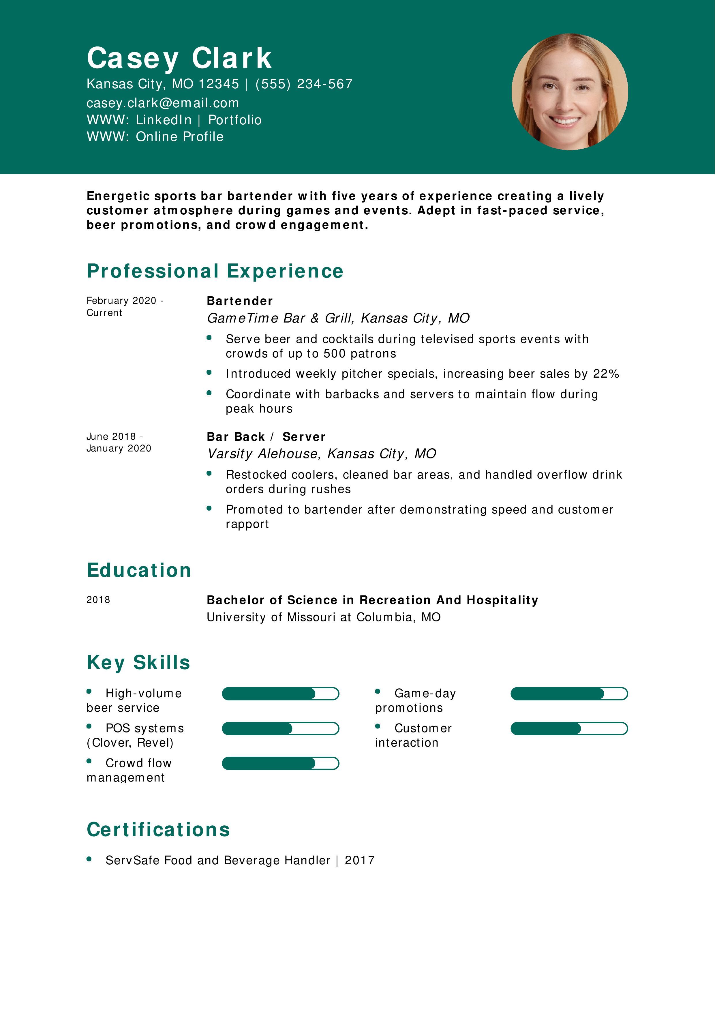 Sports Bar Bartender Resume