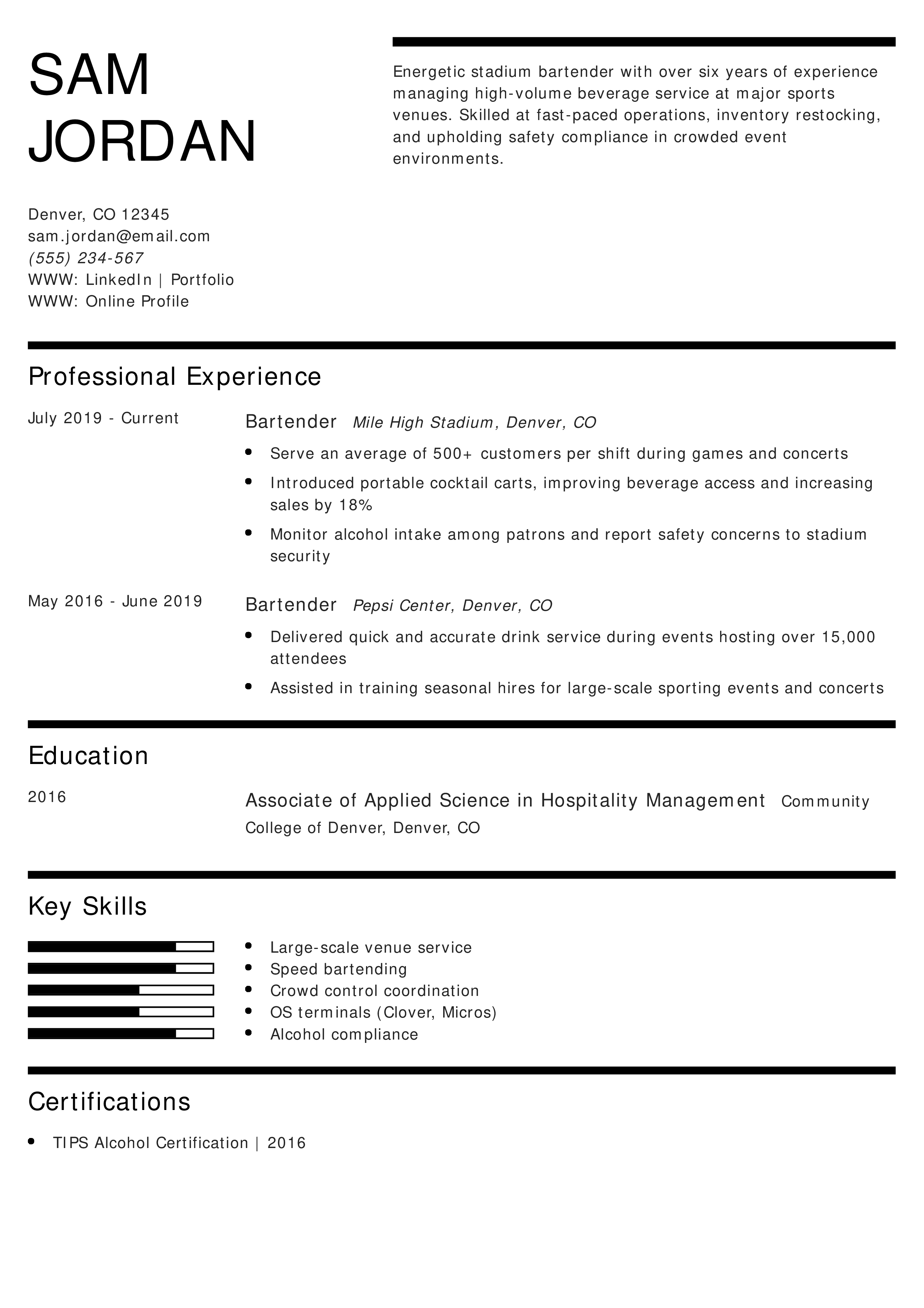 Stadium Bartender Resume
