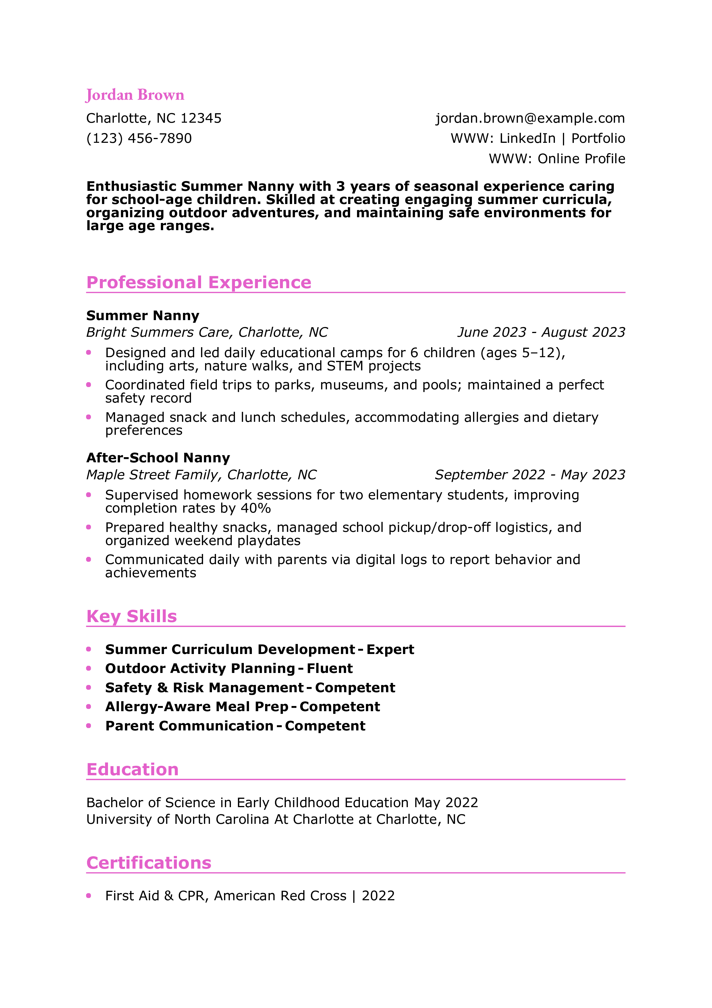 Summer Nanny Resume