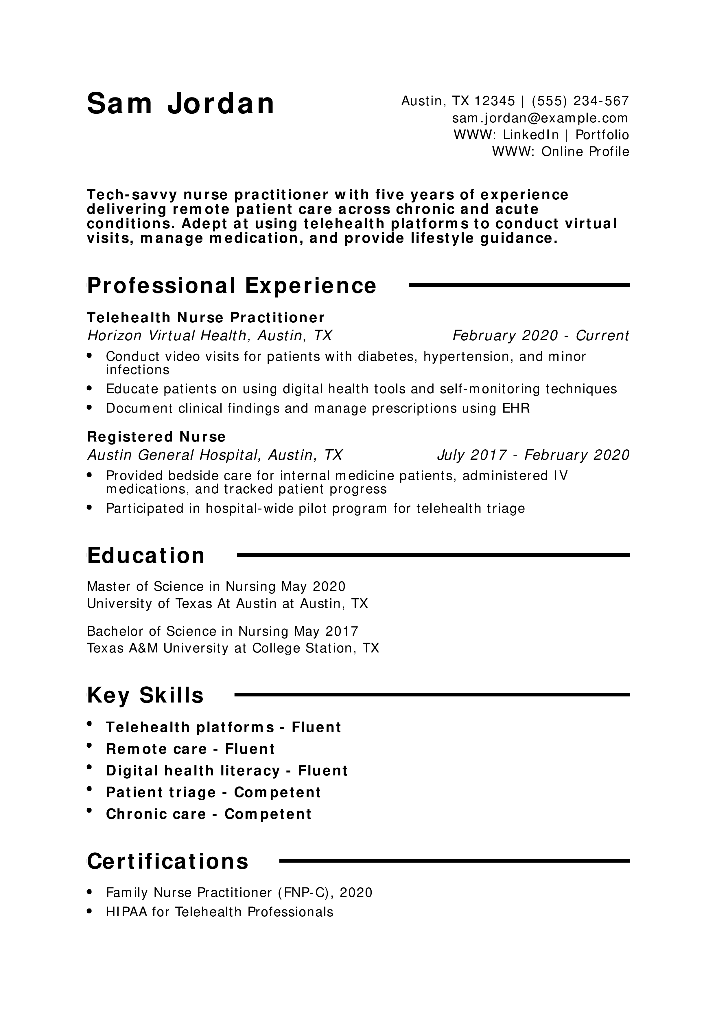 Telehealth Nurse Practitioner Resume