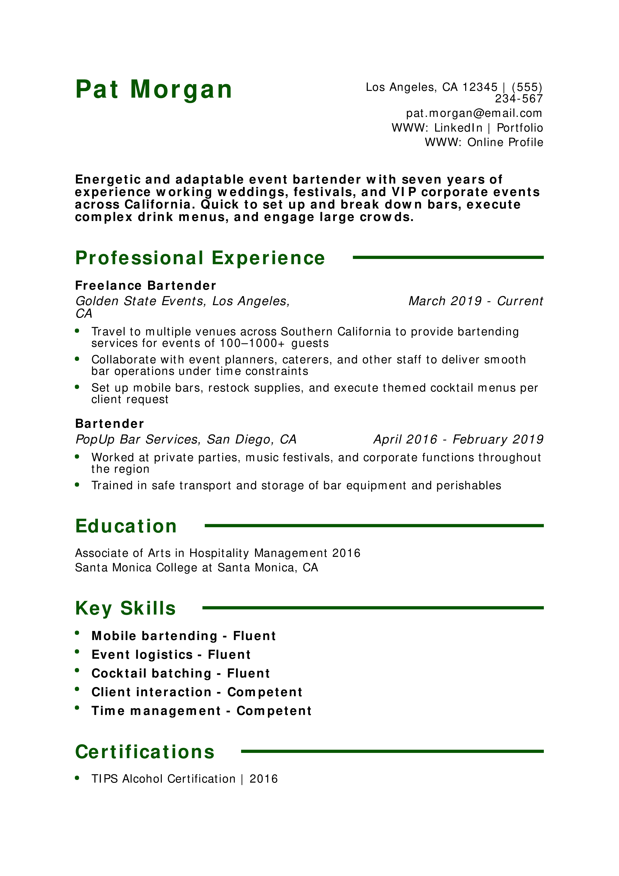 Traveling Event Bartender Resume