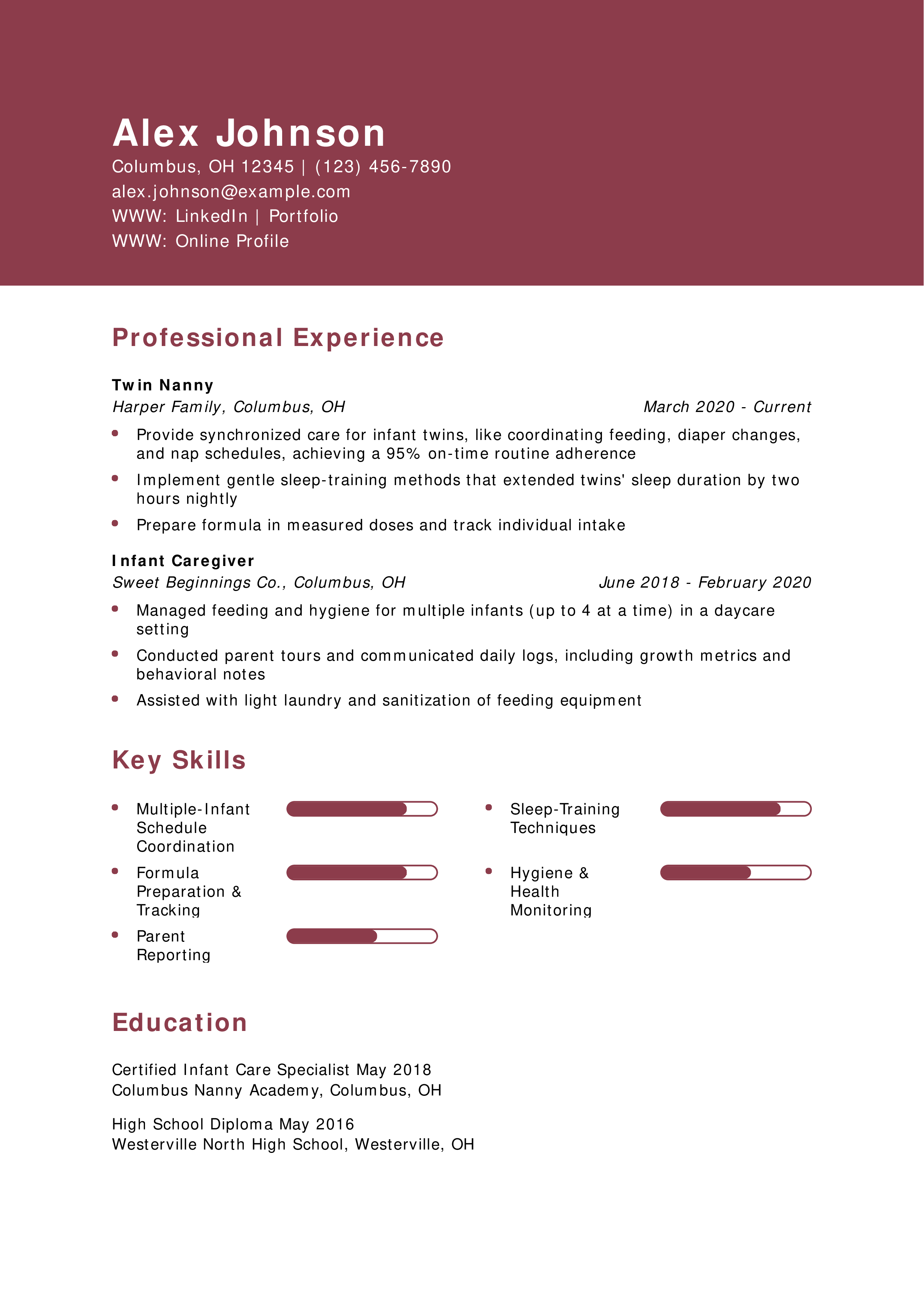 Twin Infant Nanny Resume