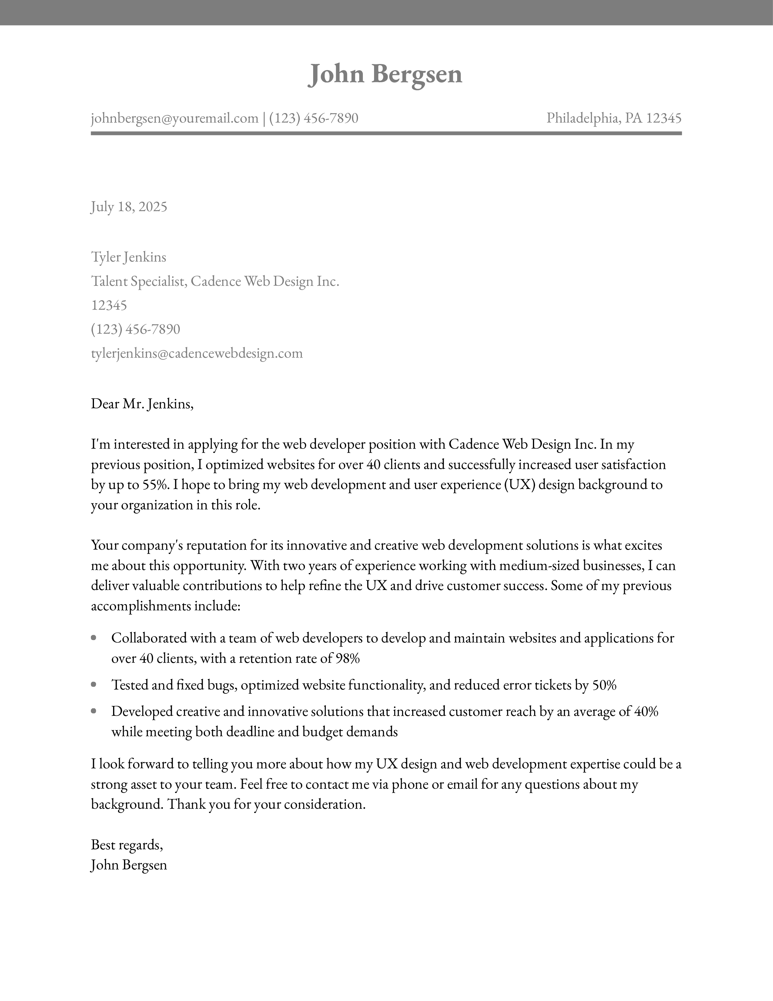 UX Web Developer Cover Letter