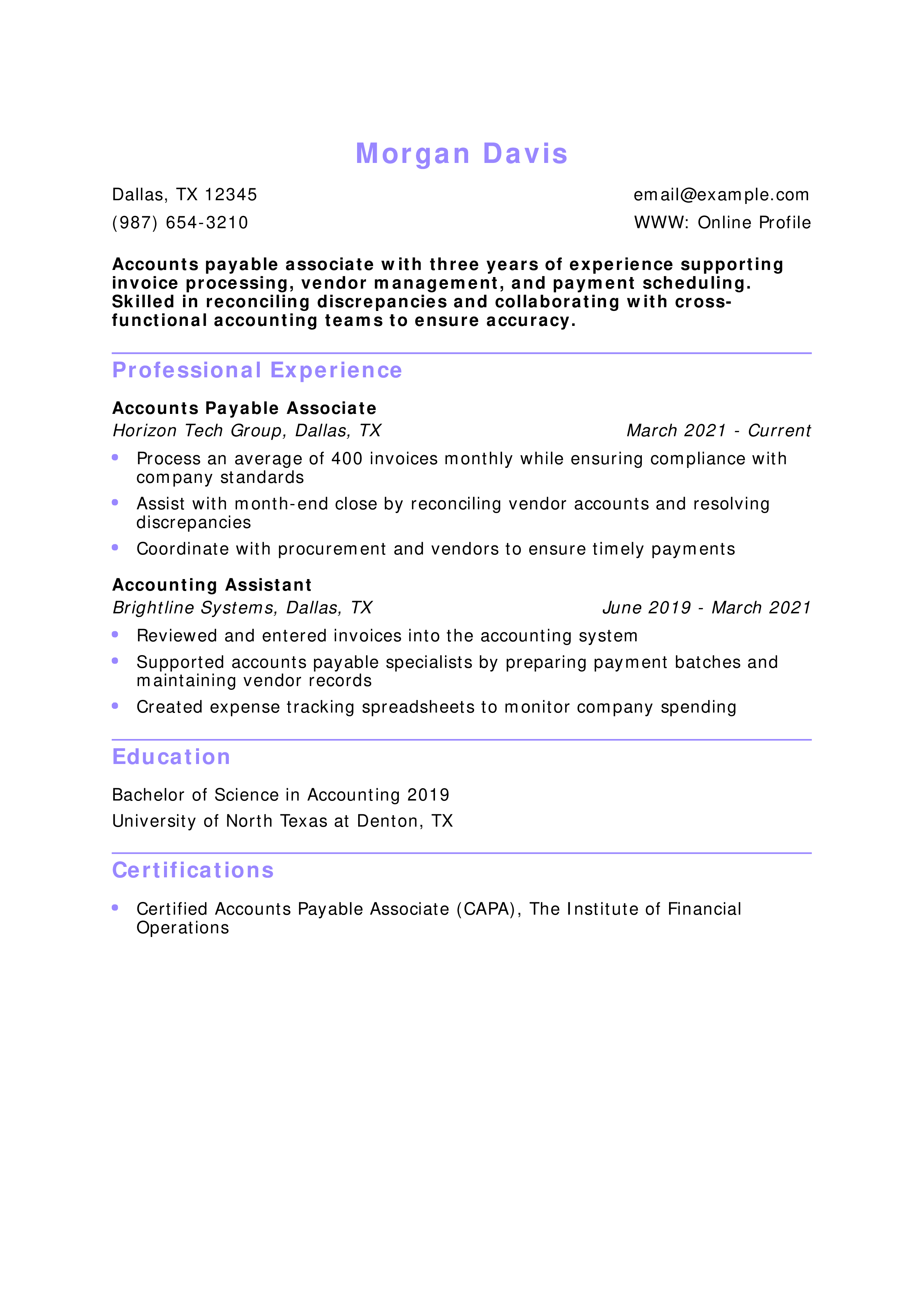 Accounts Payable Associate Resume