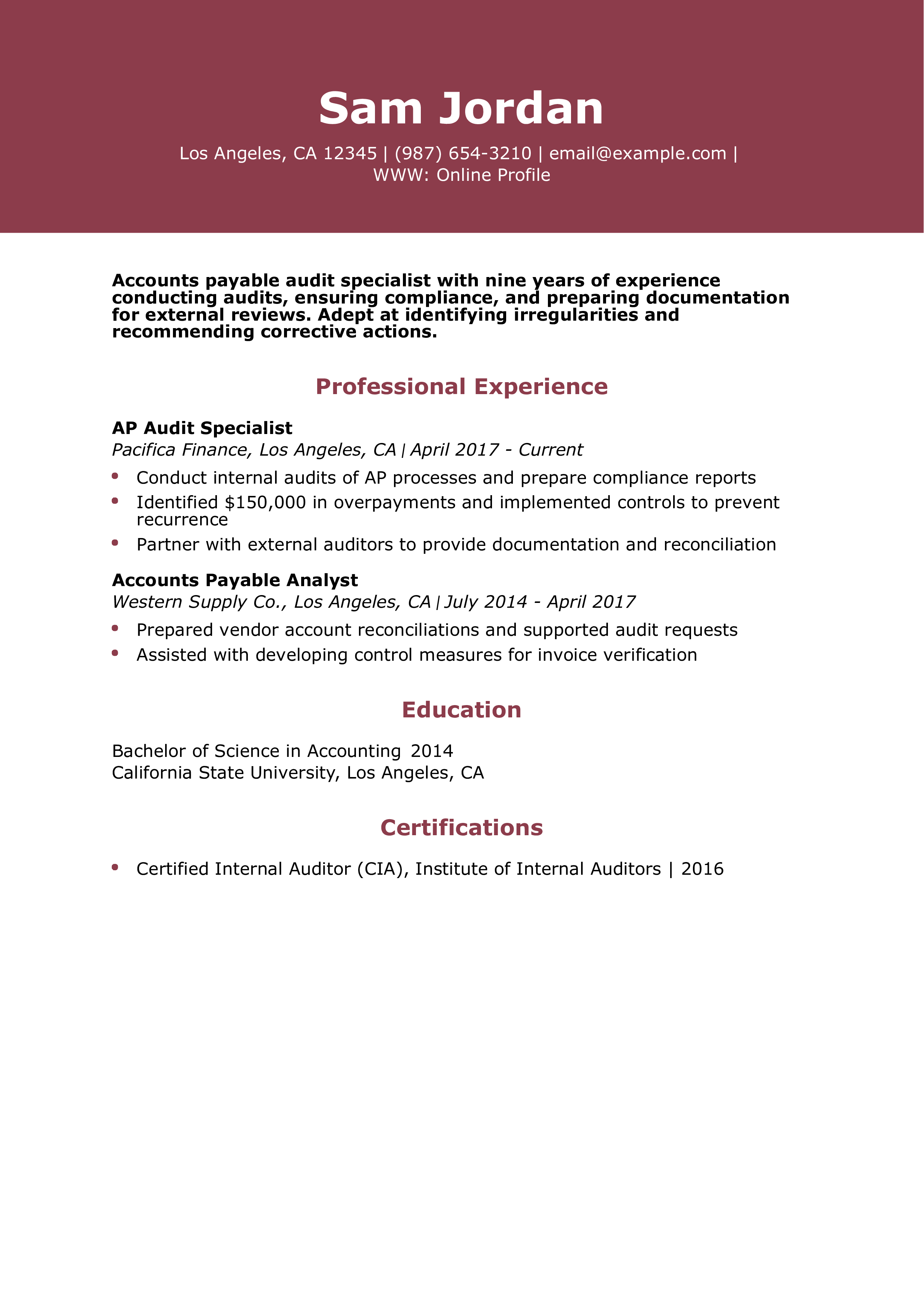 Accounts Payable Audit Specialist Resume
