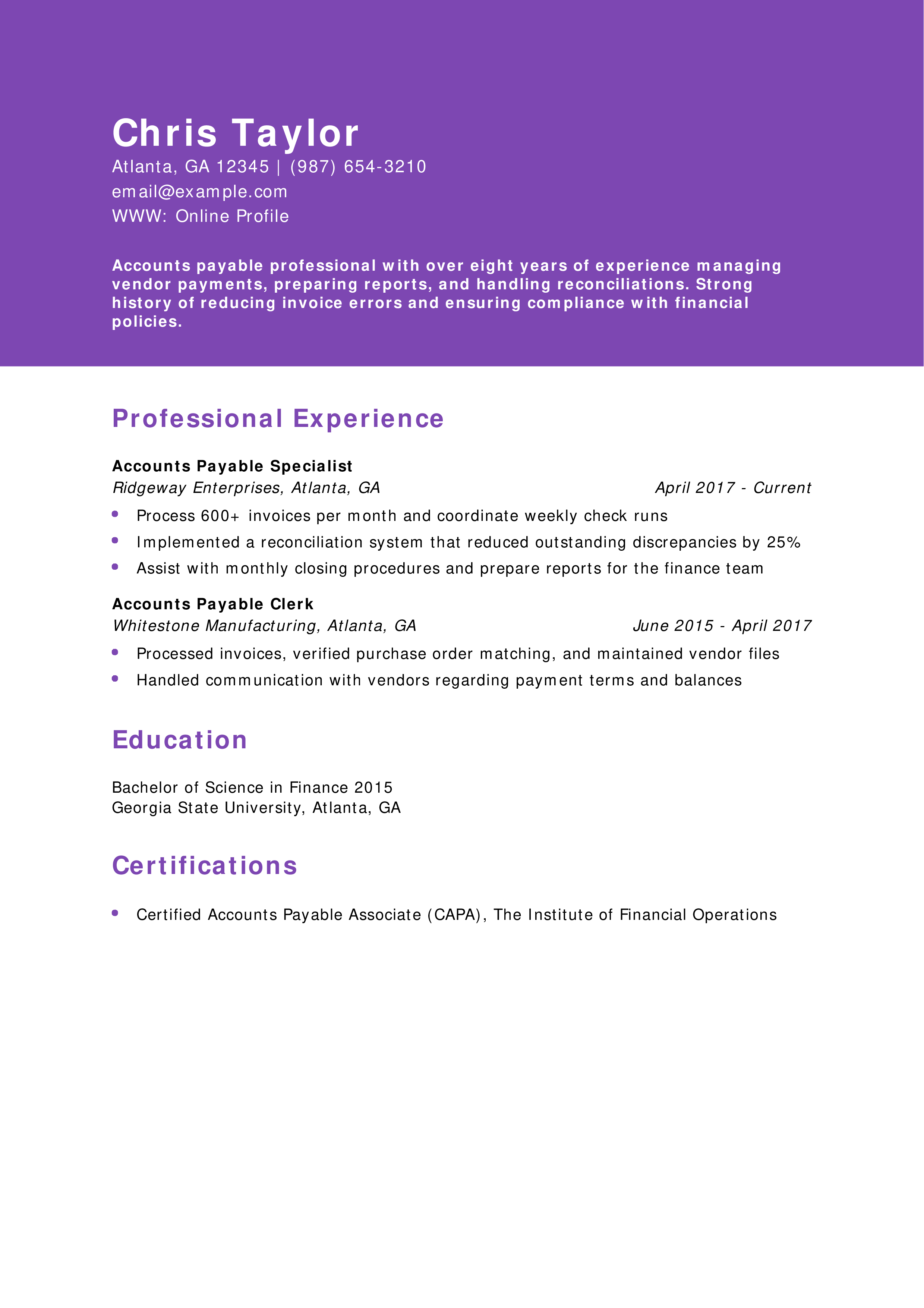 Accounts Payable Experience Resume