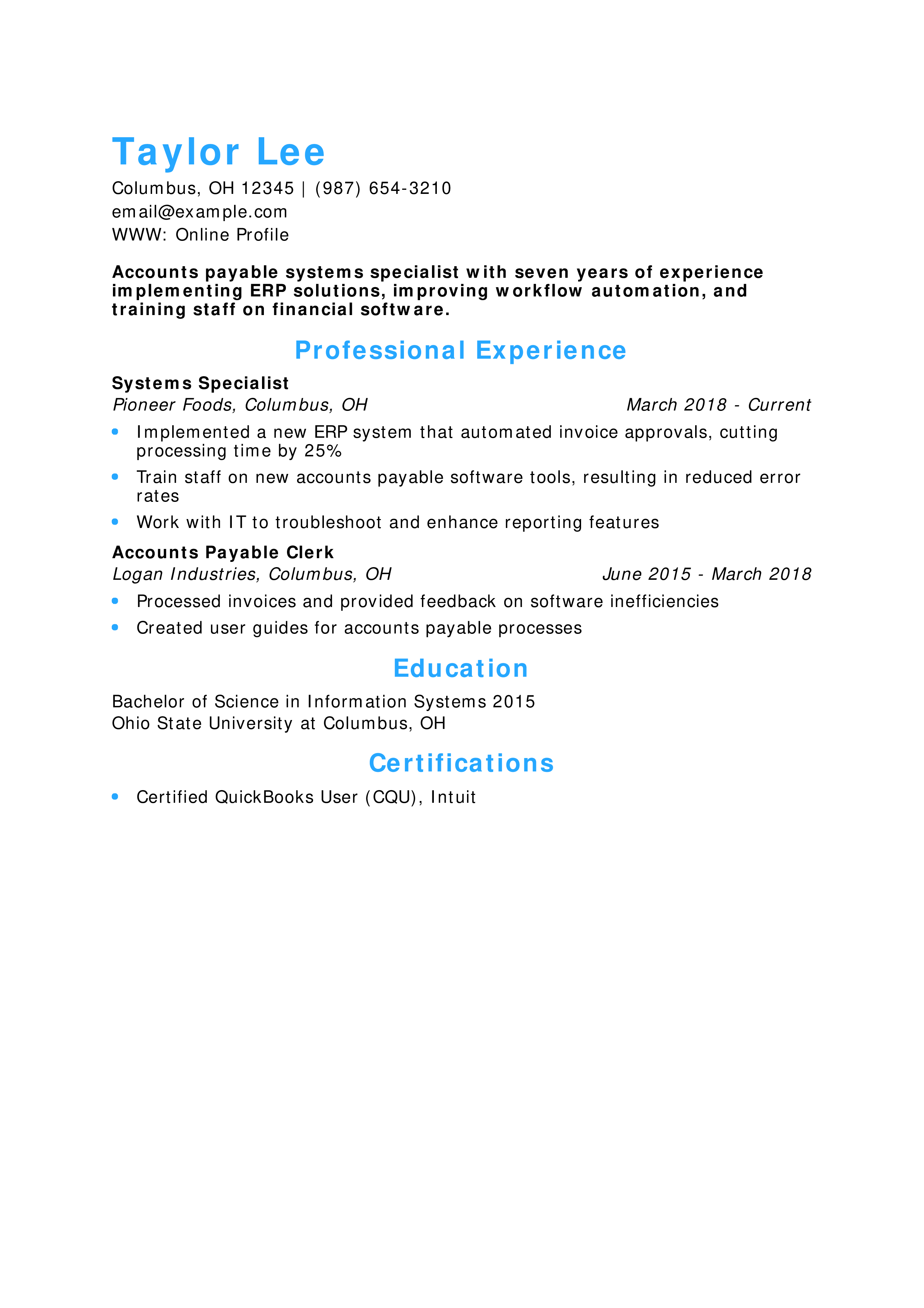 Accounts Payable Systems Specialist Resume