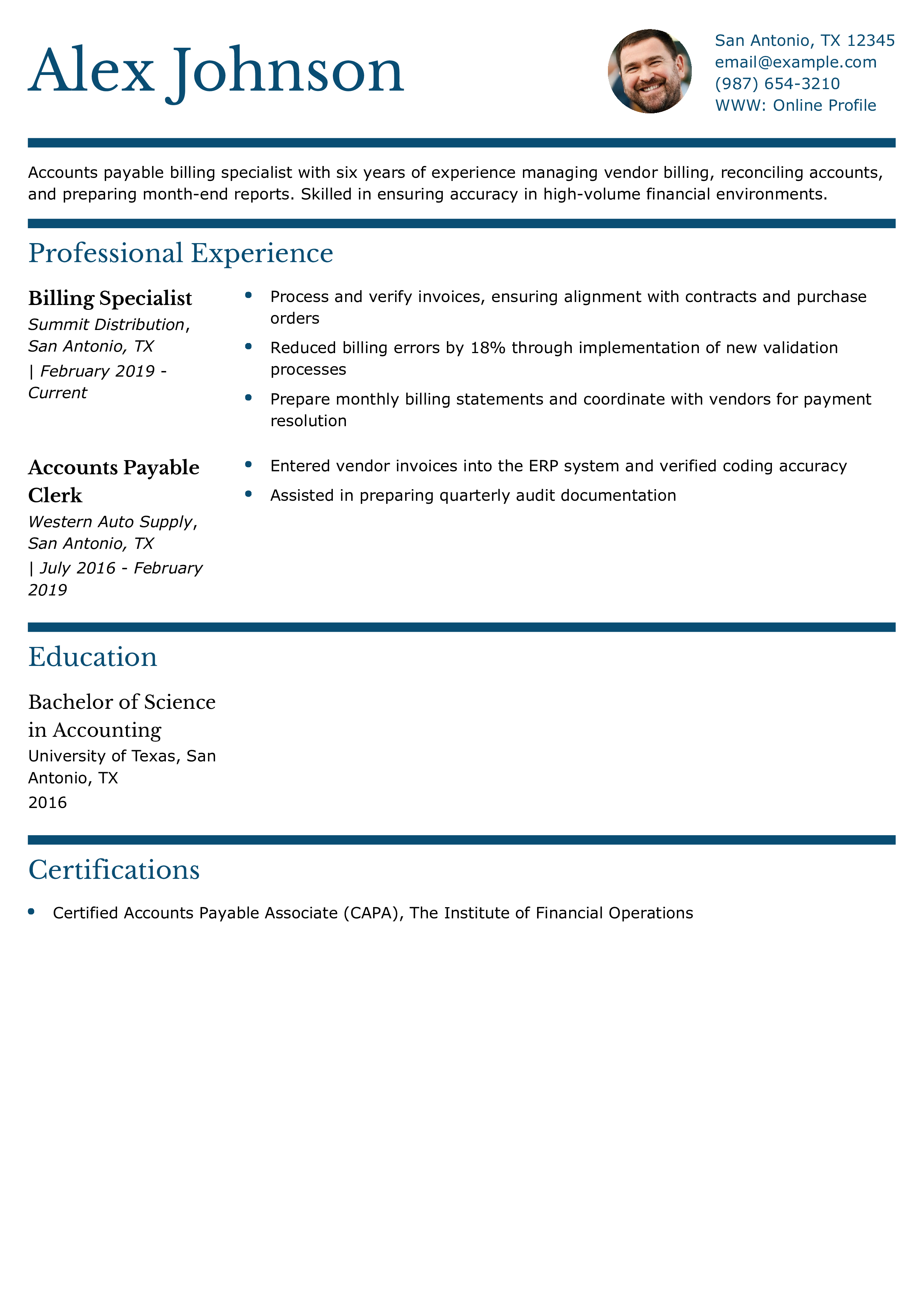 Accounts Payable Billing Specialist Resume