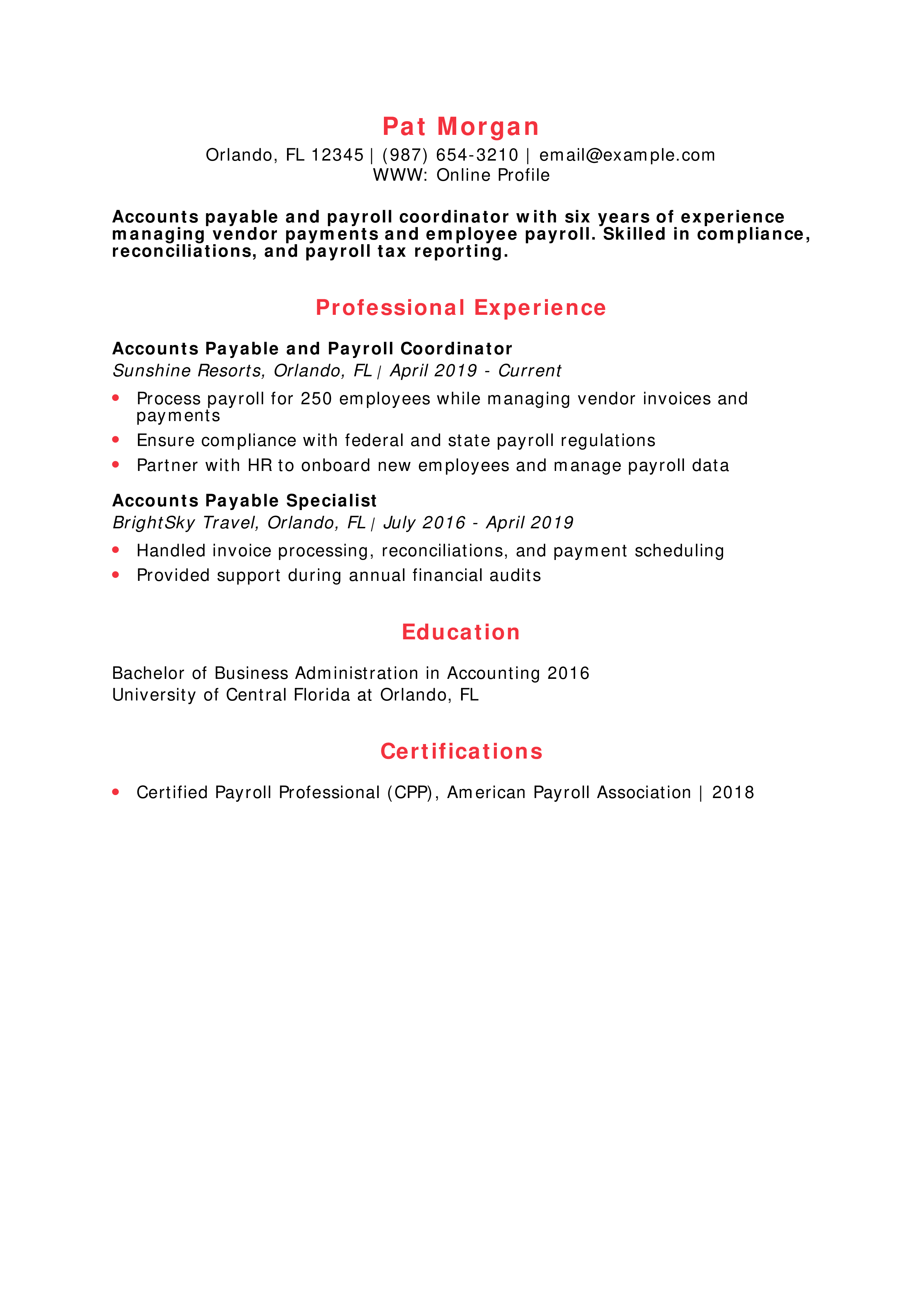 Accounts payable and Payroll Coordinator Resume