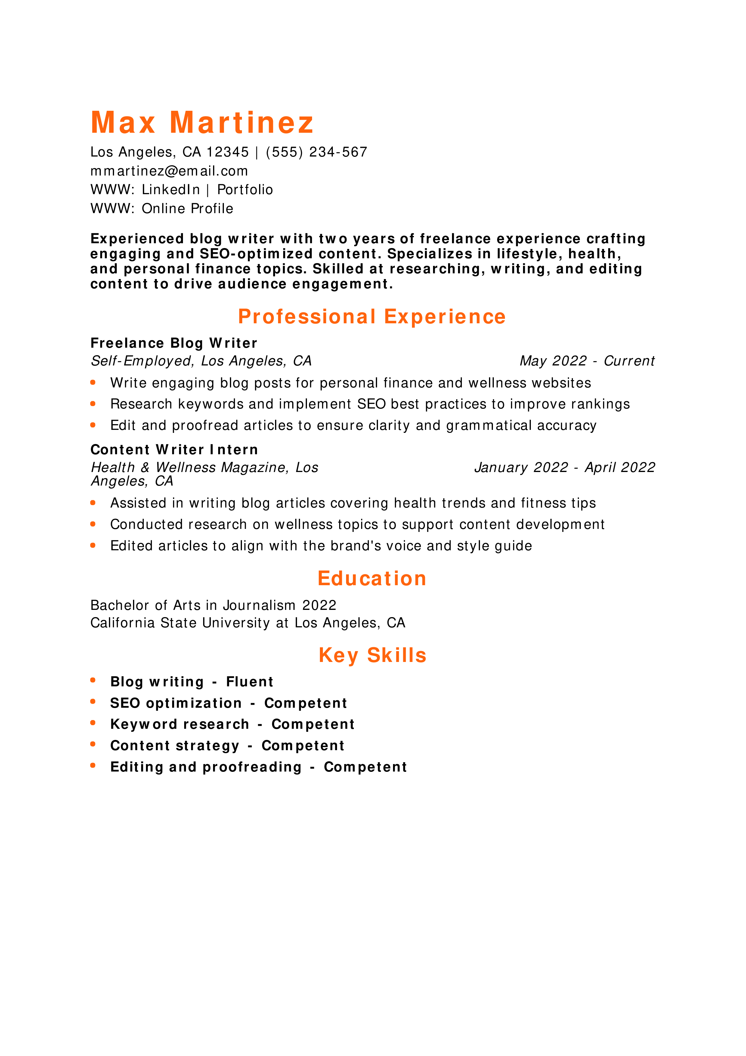 Blog Writer Resume
