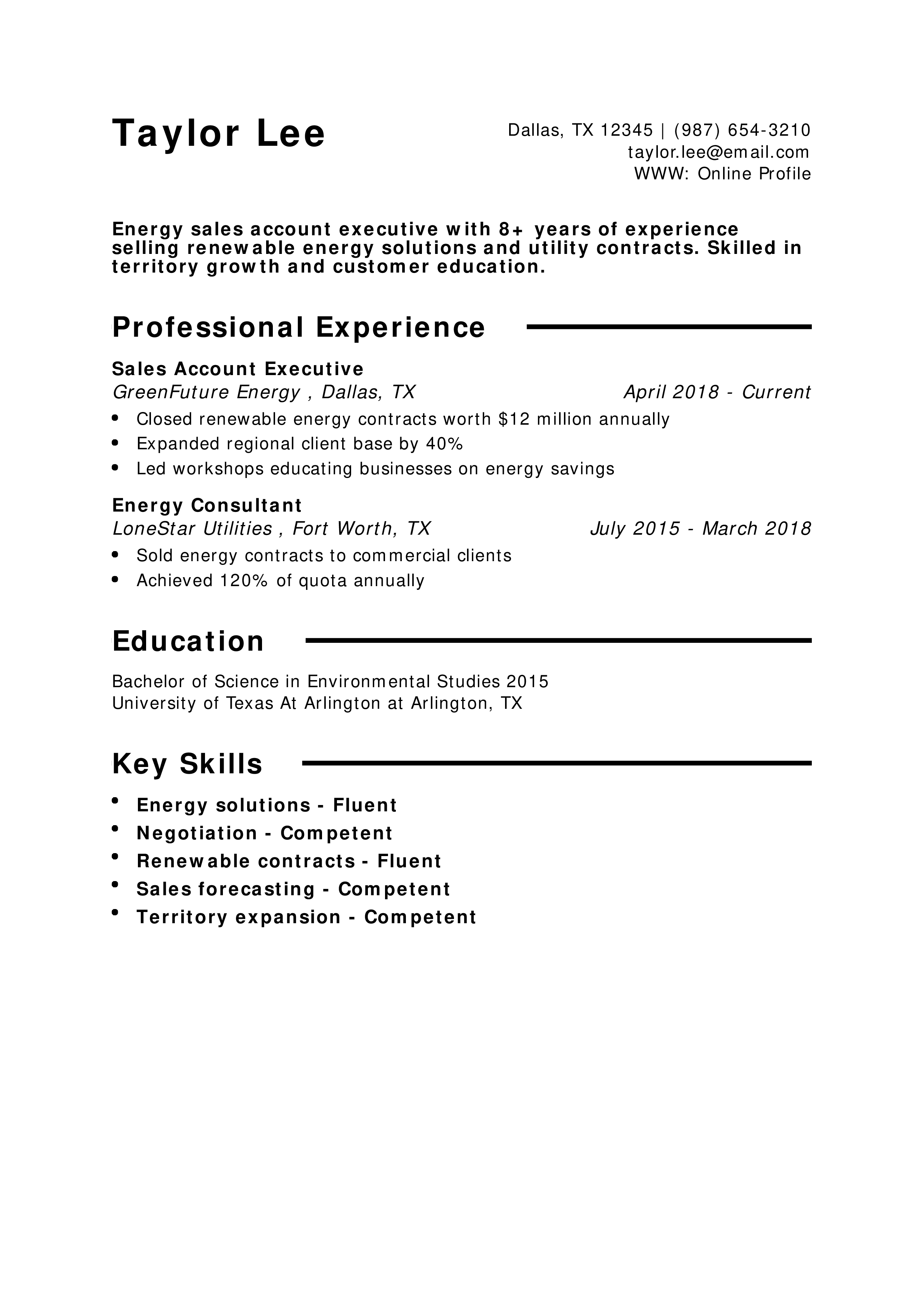 Energy Sales Account Executive Resume