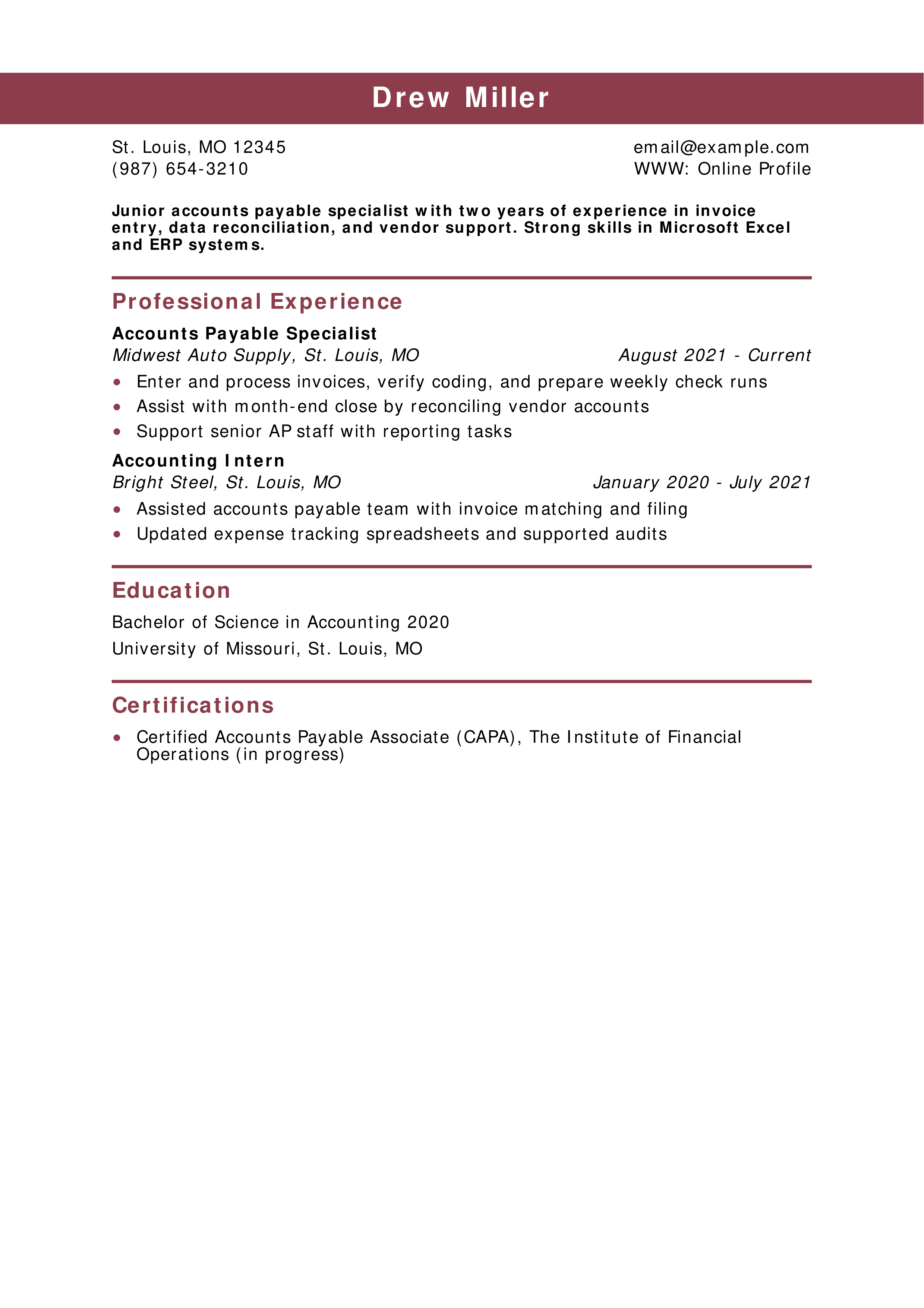 Junior Accounts Payable Specialist Resume