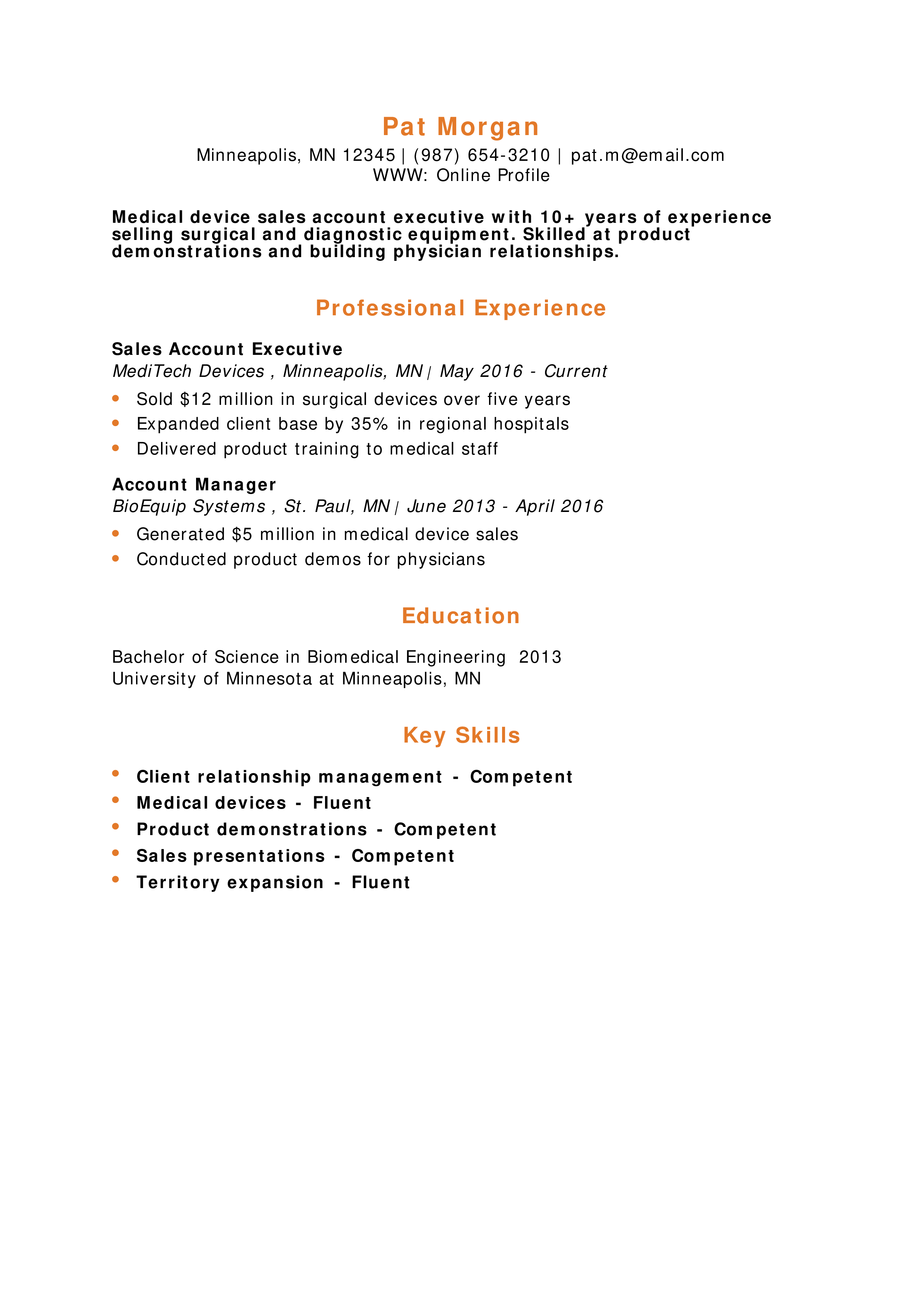 Medical Device Sales Account Executive Resume