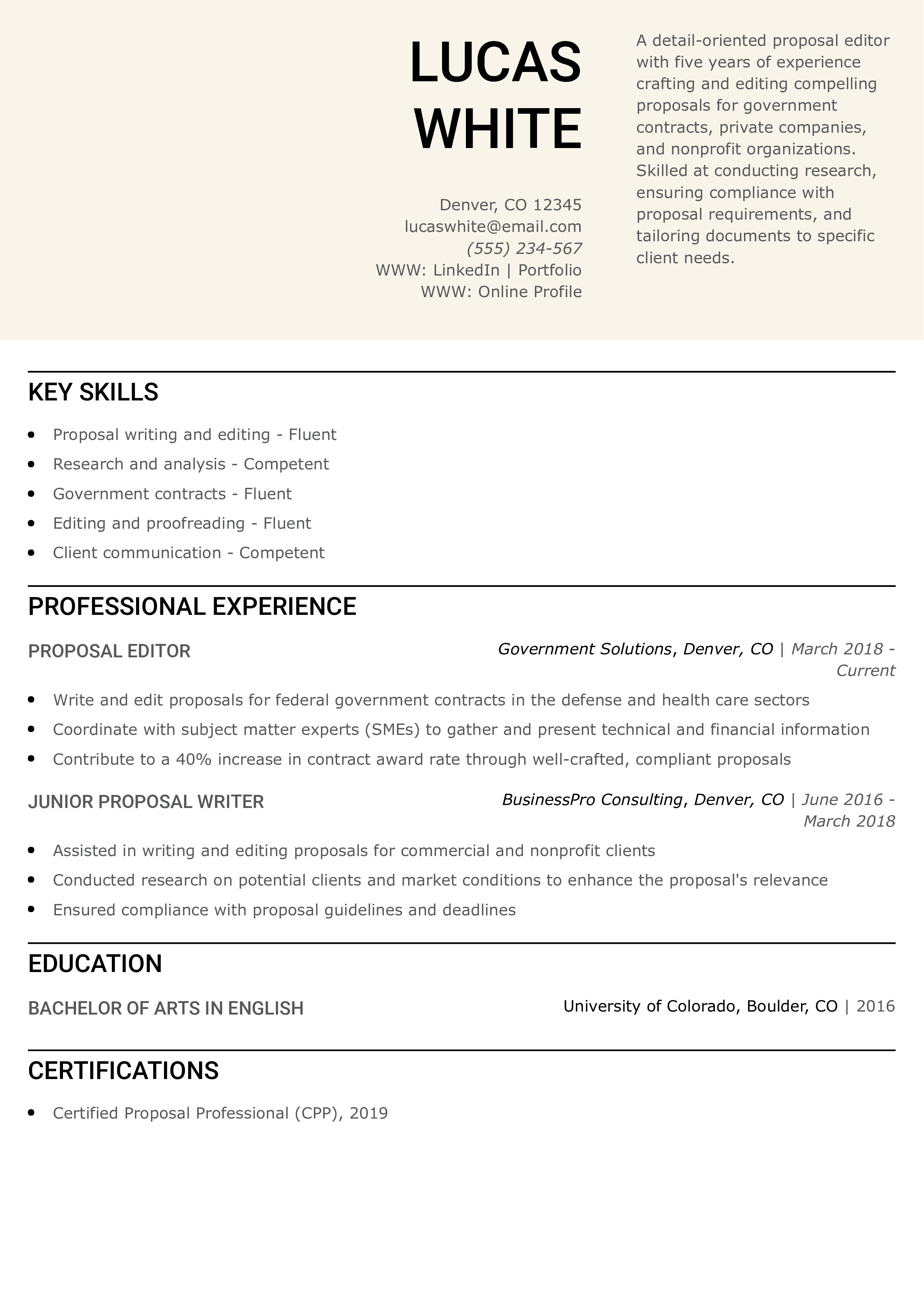Proposal Editor Resume
