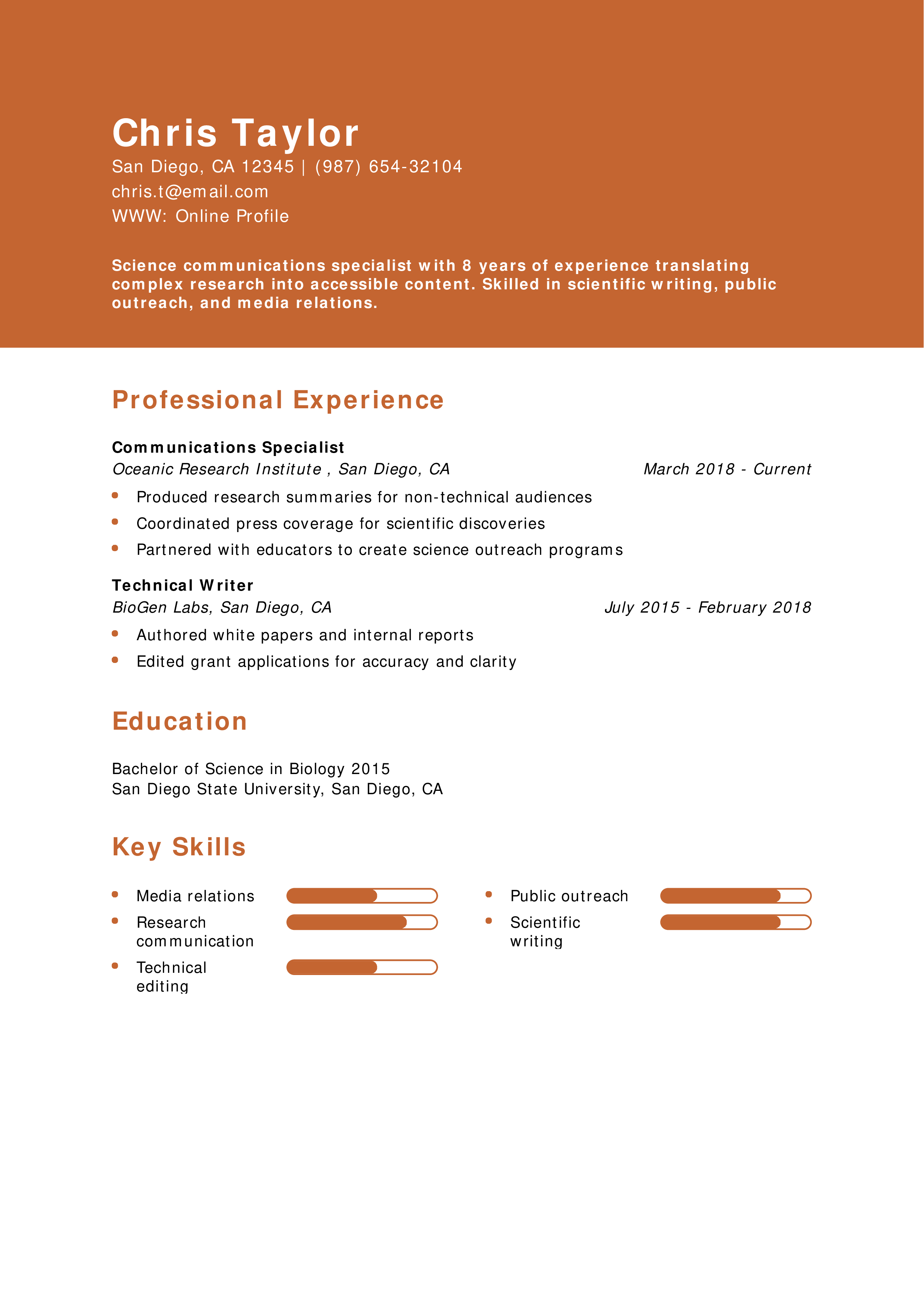 Science Communications Specialist Resume