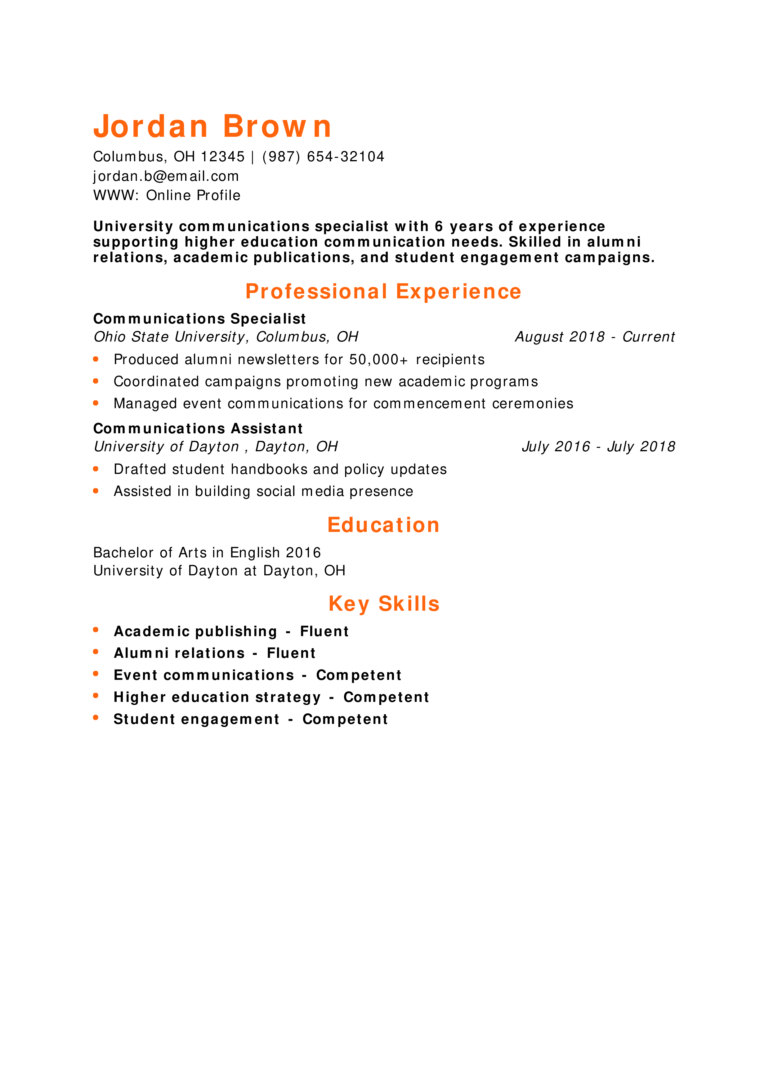 University Communications Specialist Resume