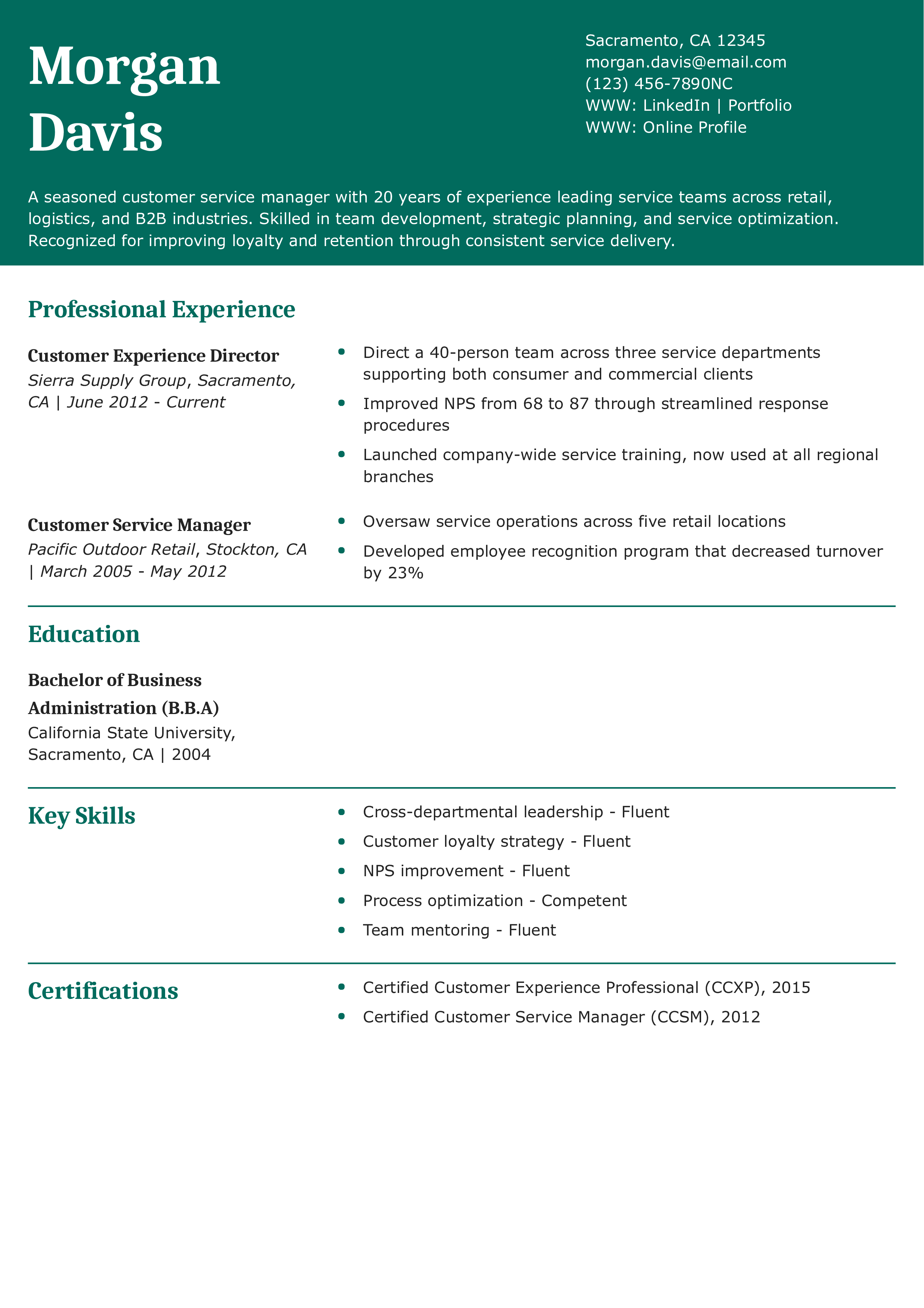 20-Year Customer Service Manager Resume