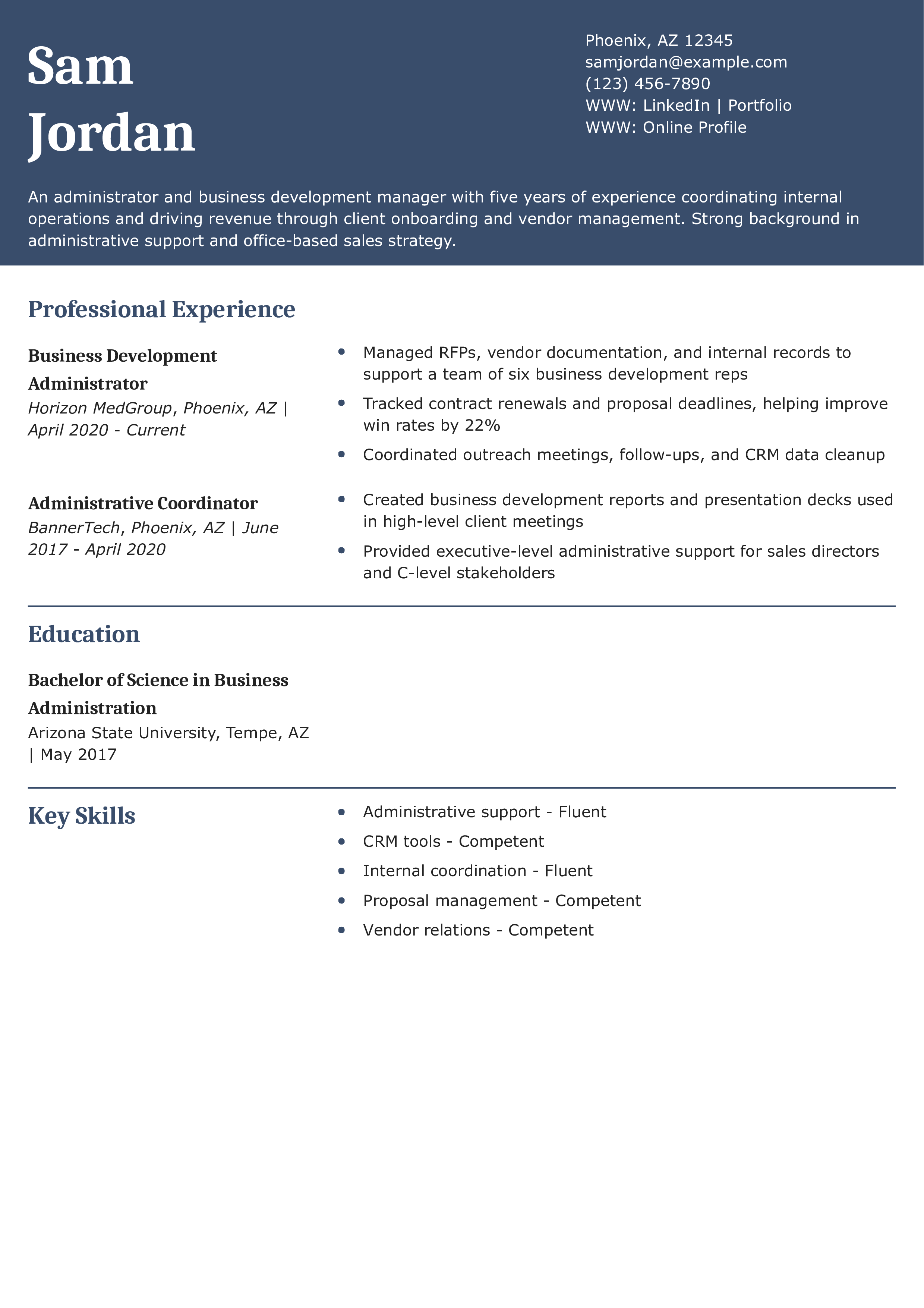 Administrator Business Development Manager Resume