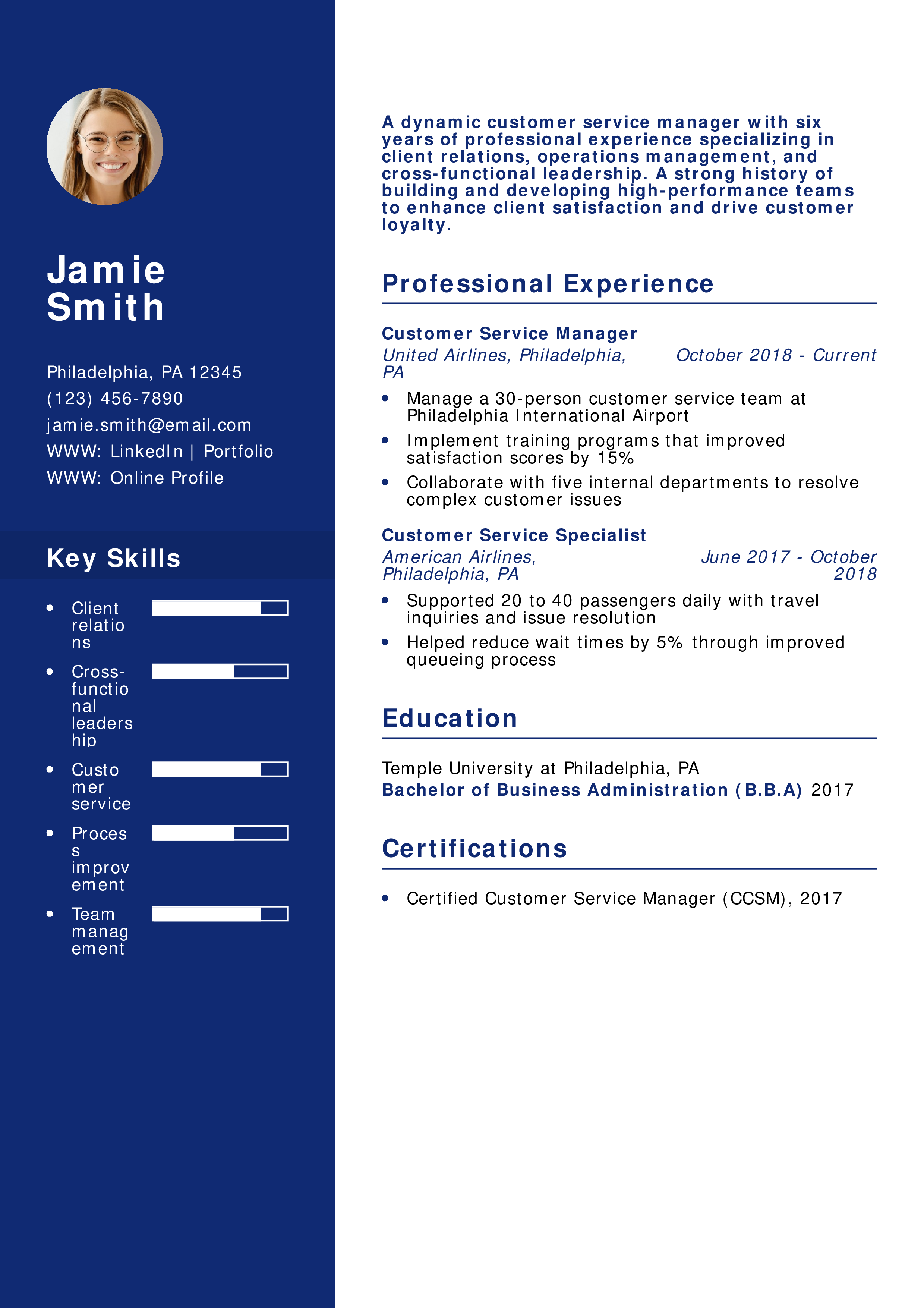 Airline Customer Service Manager Resume