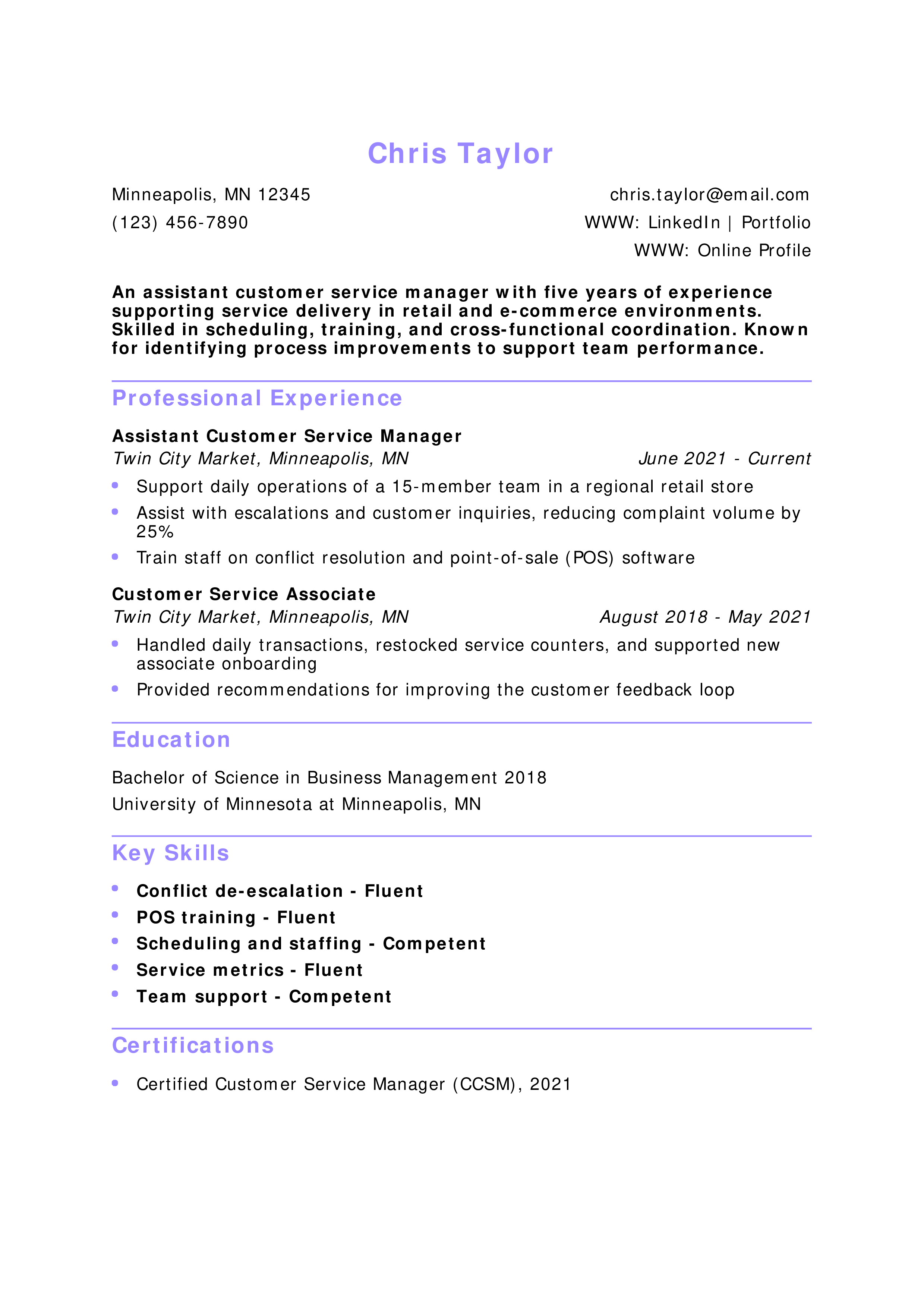 Assistant Customer Service Manager Resume