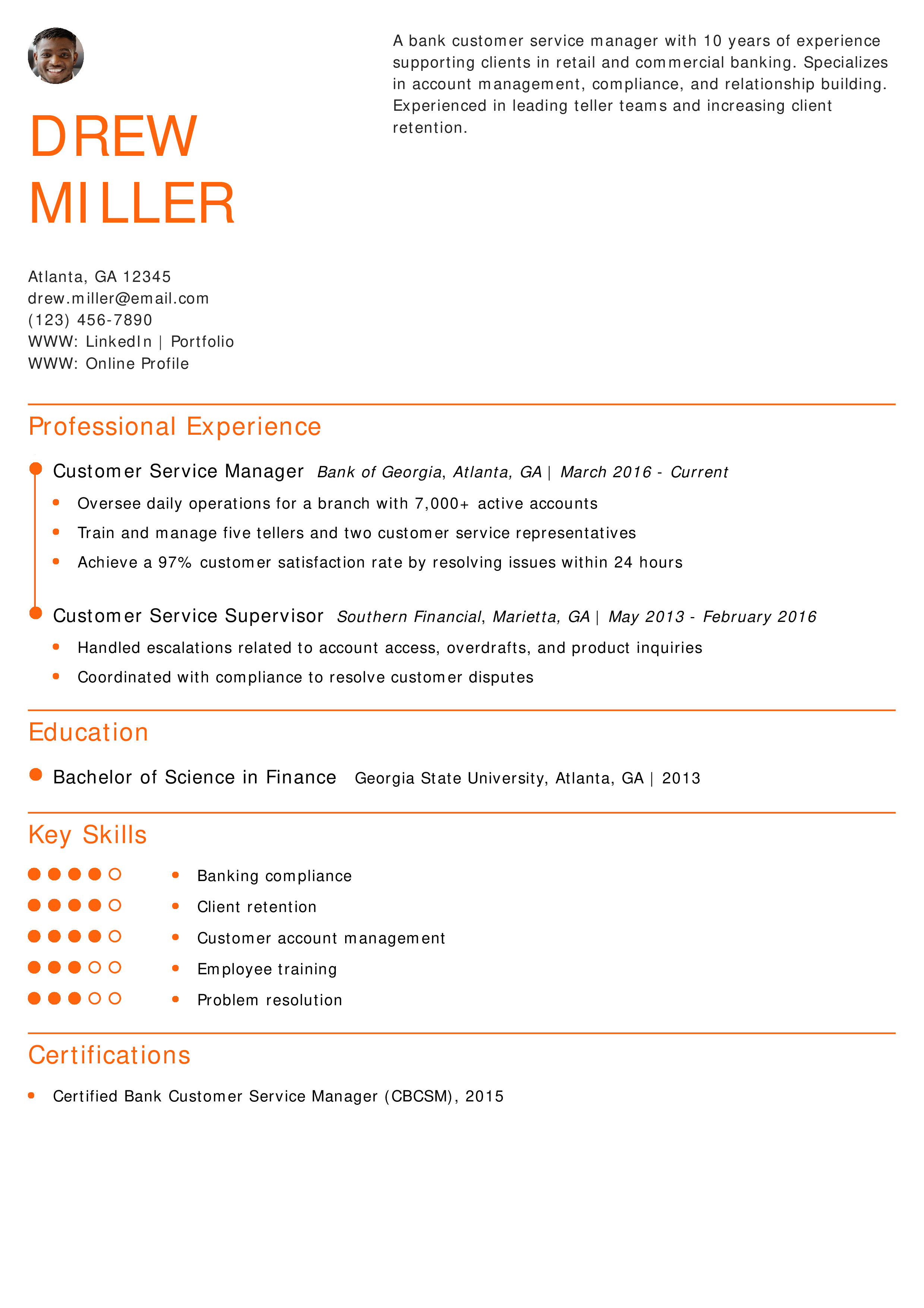 Bank Customer Service Manager Resume