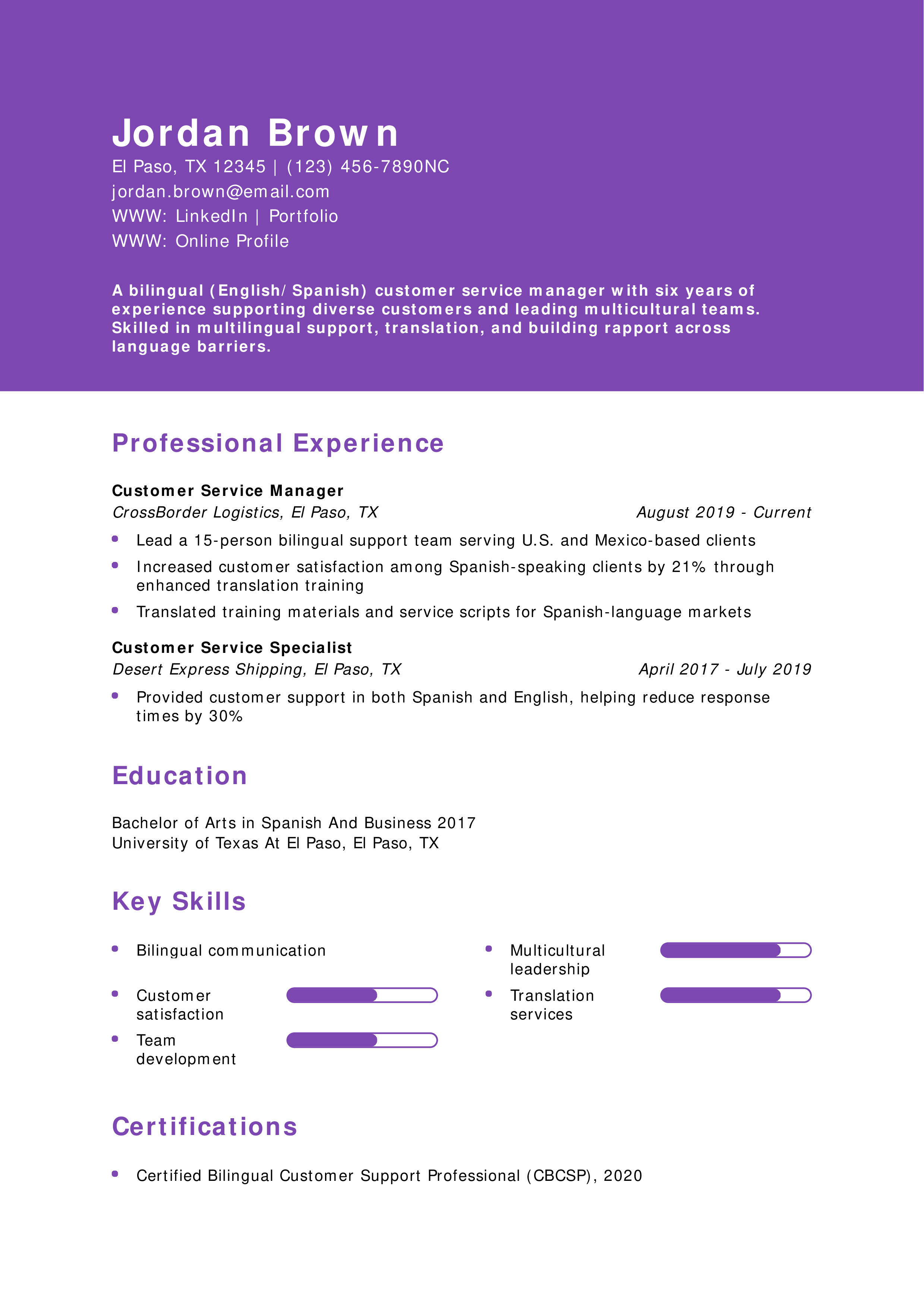 Bilingual Customer Service Manager Resume