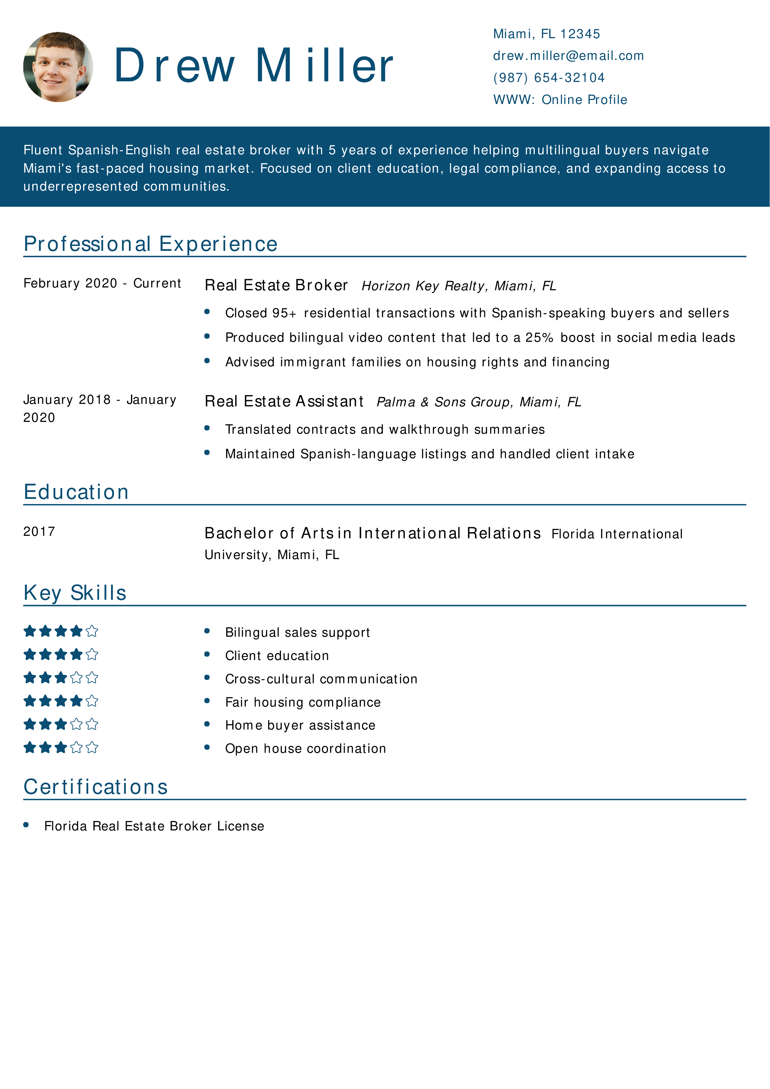 Bilingual Real Estate Broker Resume