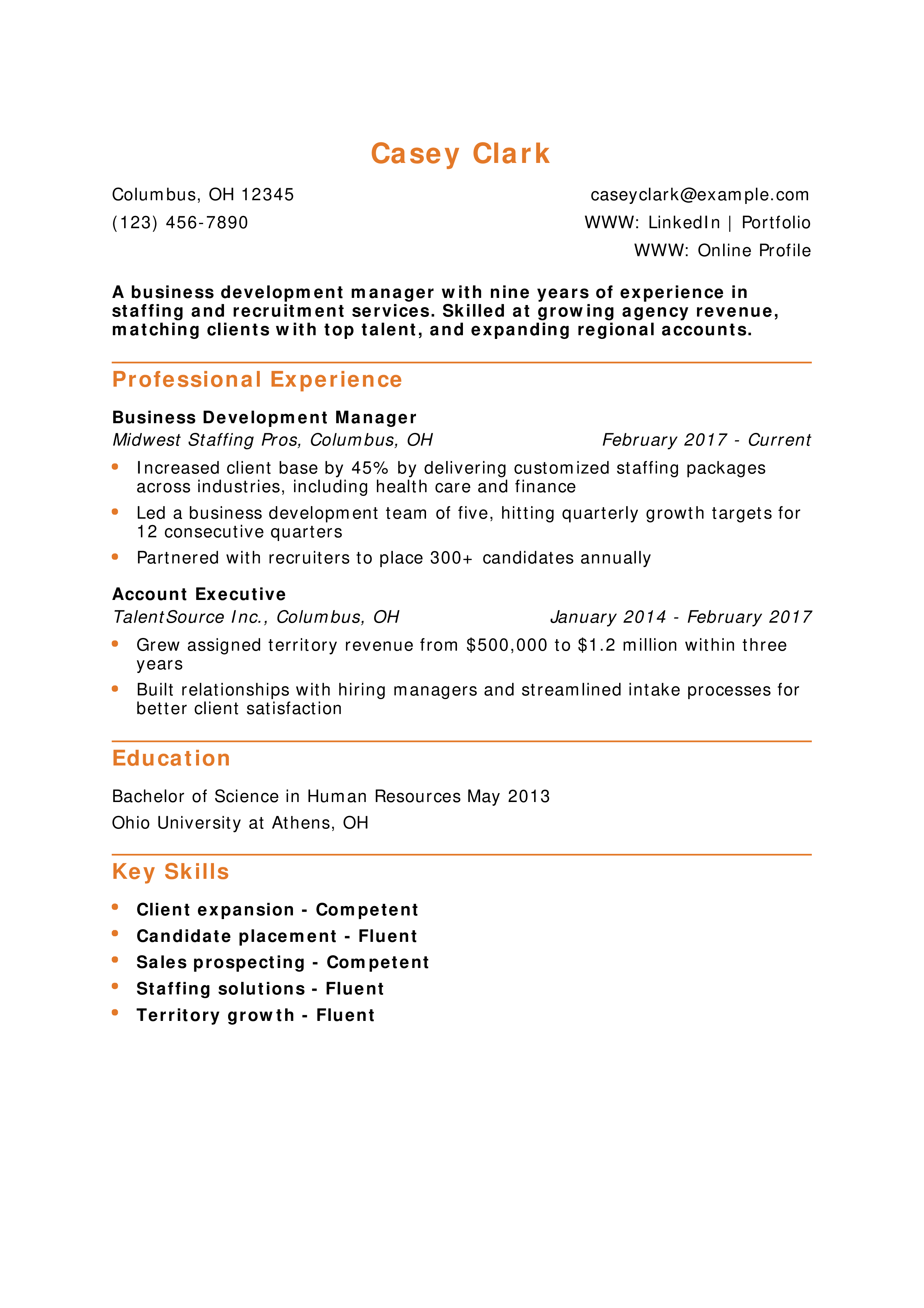 Business Development Manager Staffing Resume