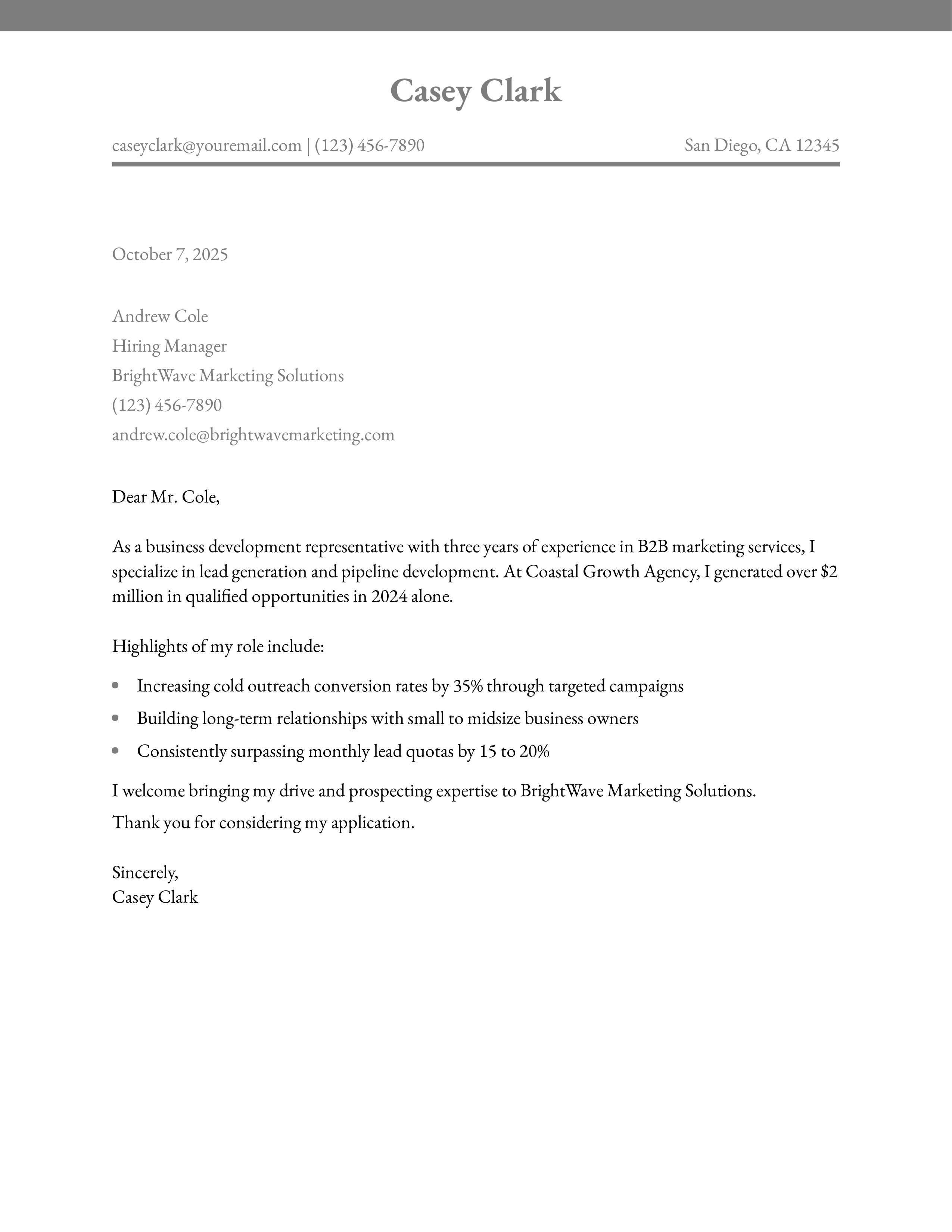 Business Development Representative Cover Letter