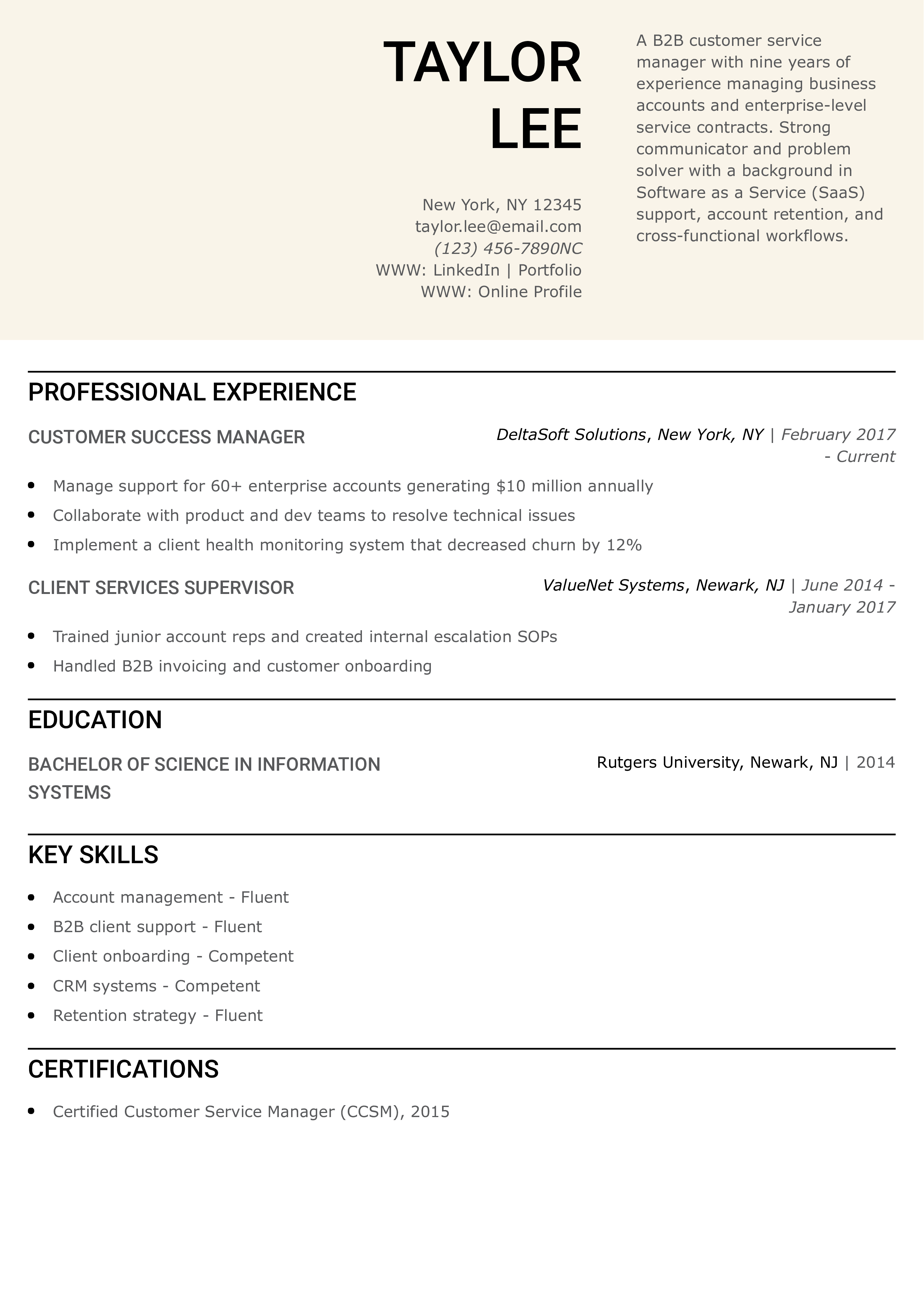 Business-to-Business Customer Service Manager Resume