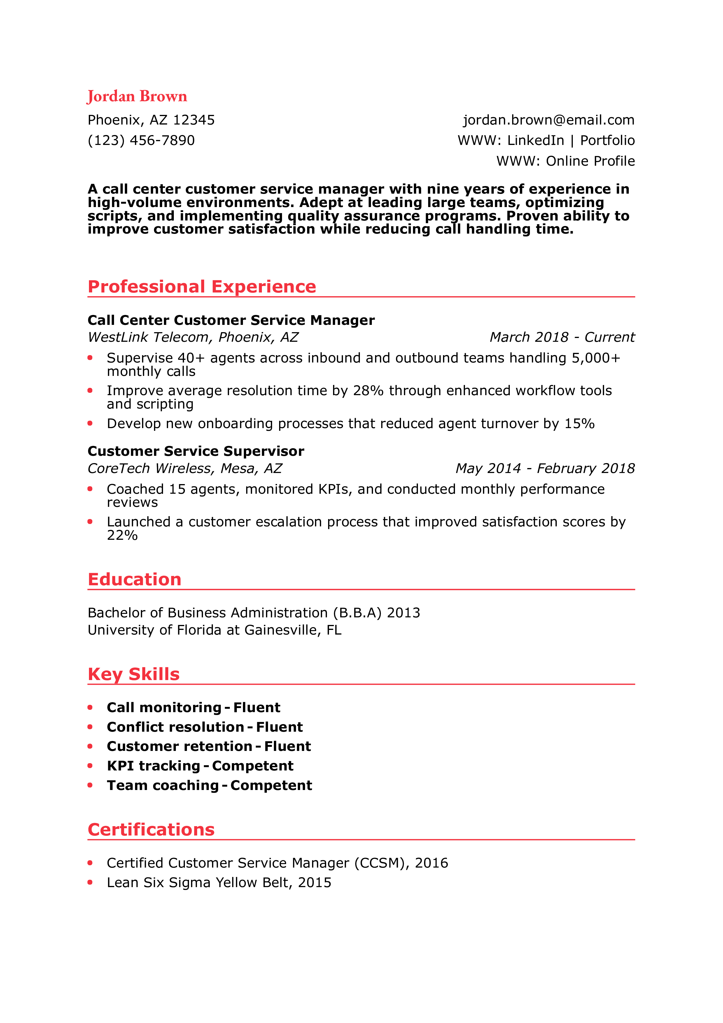 Call Center Customer Service Manager Resume